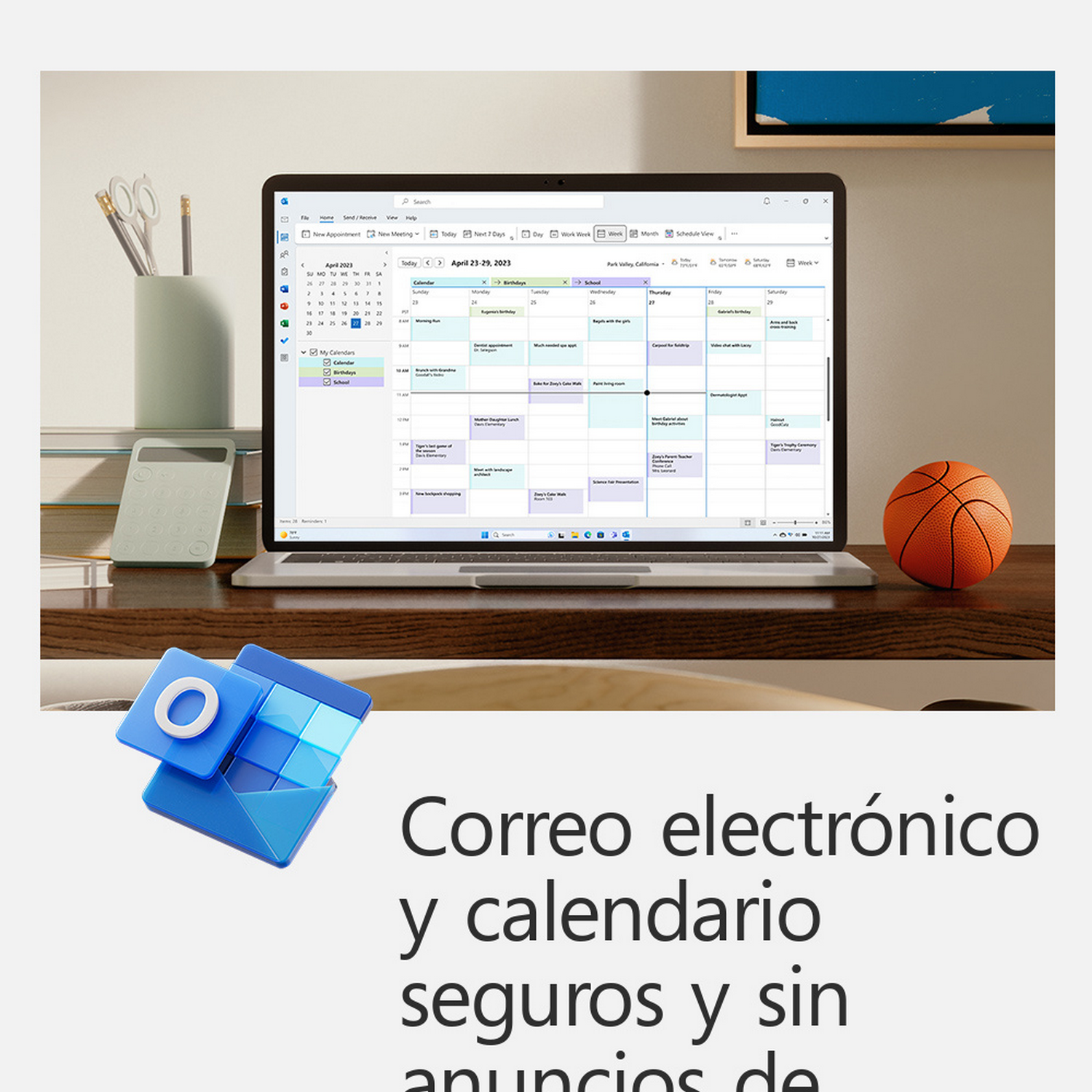 Portátil con calendario abierto, icono de correo, baloncesto y texto.