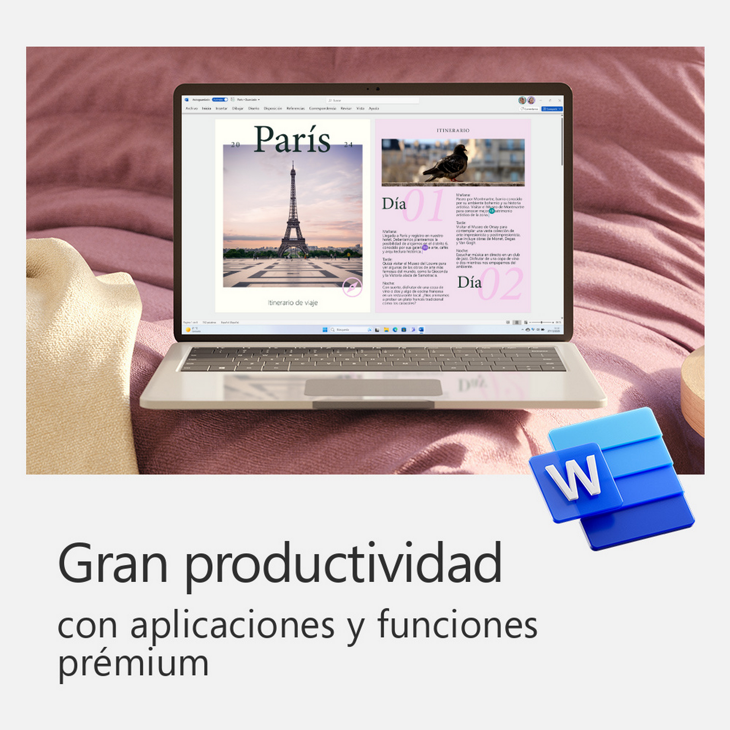 Ordenador portátil mostrando un itinerario de viaje. Incluye texto e imágenes.