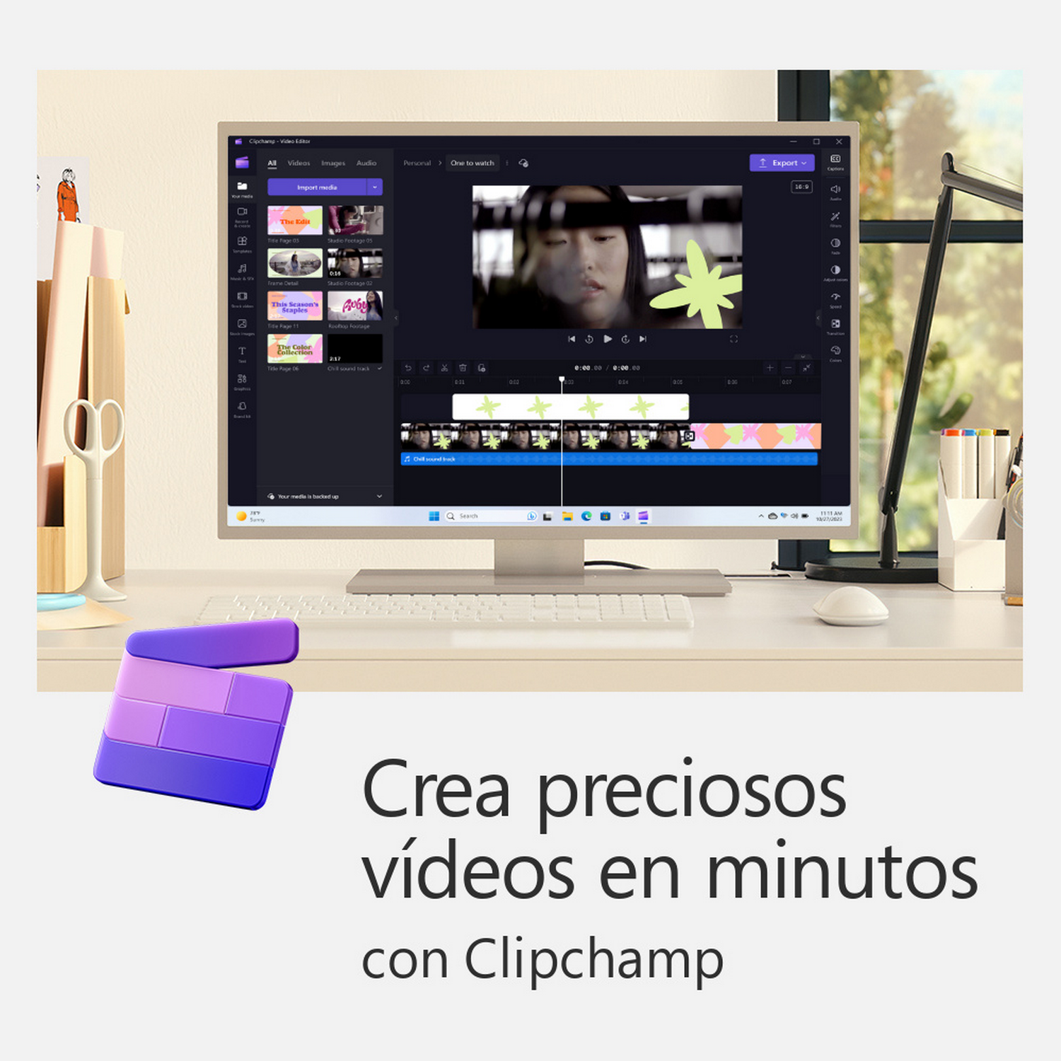 Un monitor que muestra un software de edición de video con el título Crea preciosos videos.