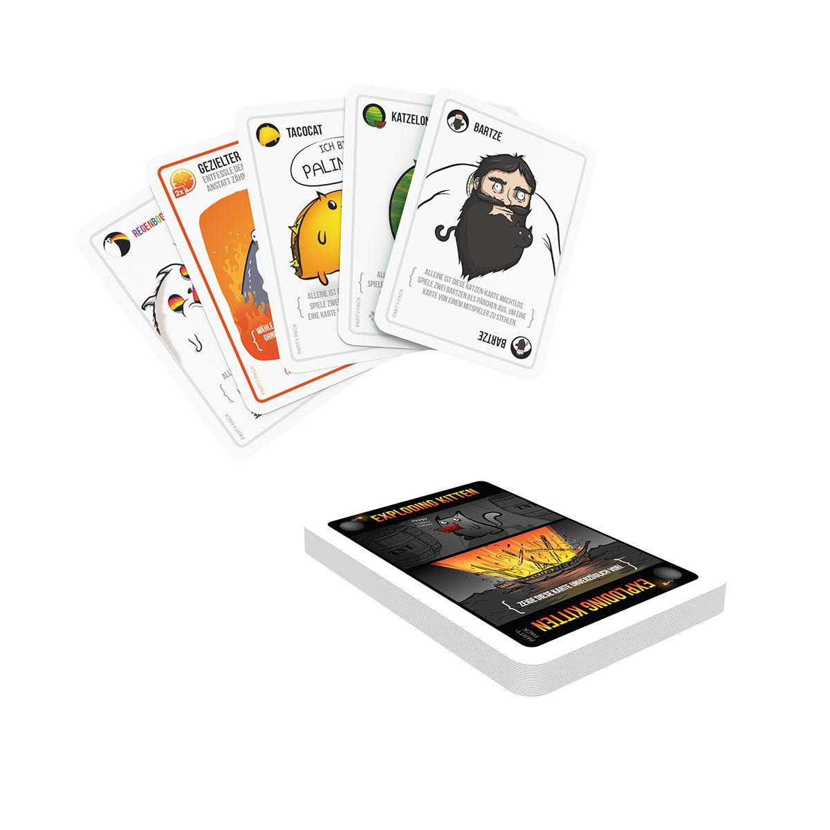 Exploding Kittens Kartenspiel. Verschiedene Karten werden angezeigt.