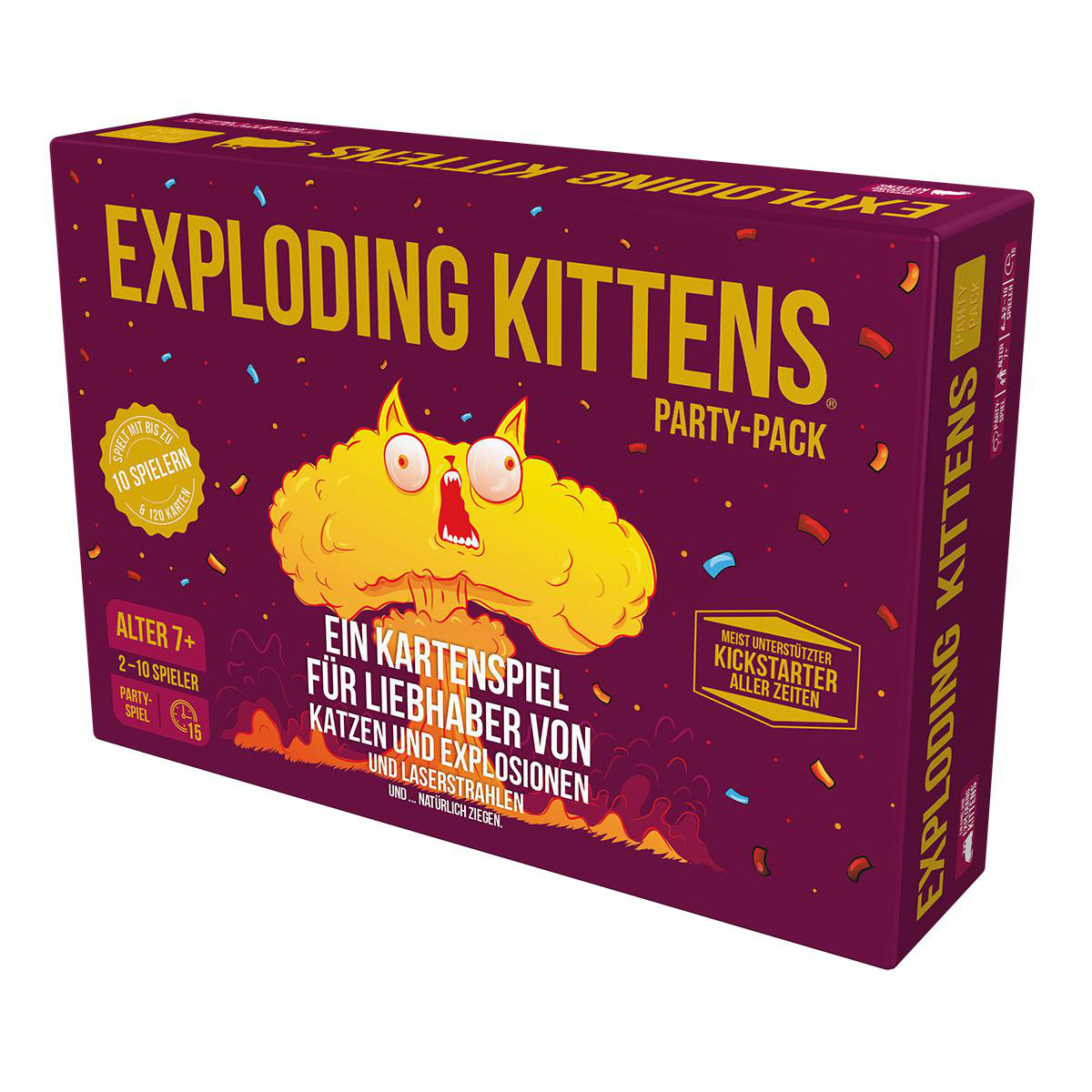 Exploding Kittens Party Pack-Spielbox. Enthält eine Cartoon-Katze und Text.