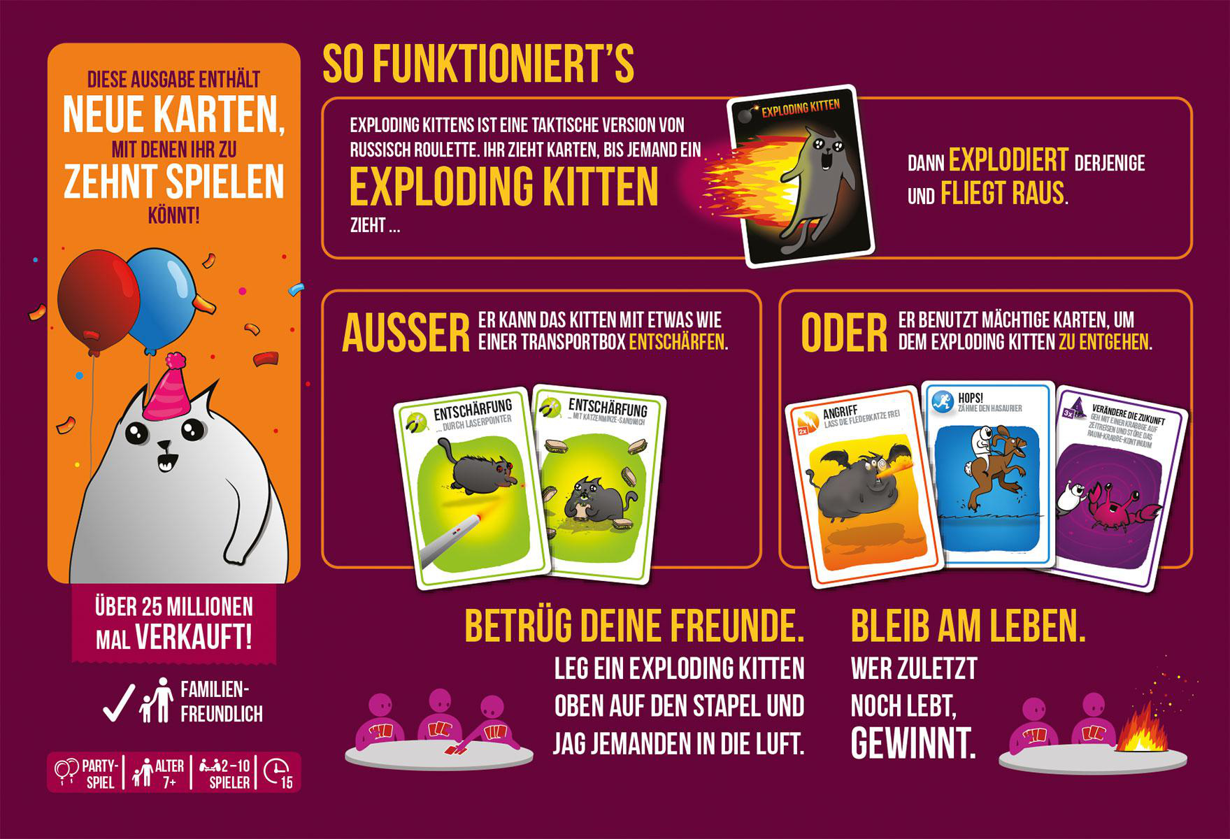 Spielbrett mit Cartoon-Katze, Karten und Text, der das Gameplay auf Deutsch erklärt.