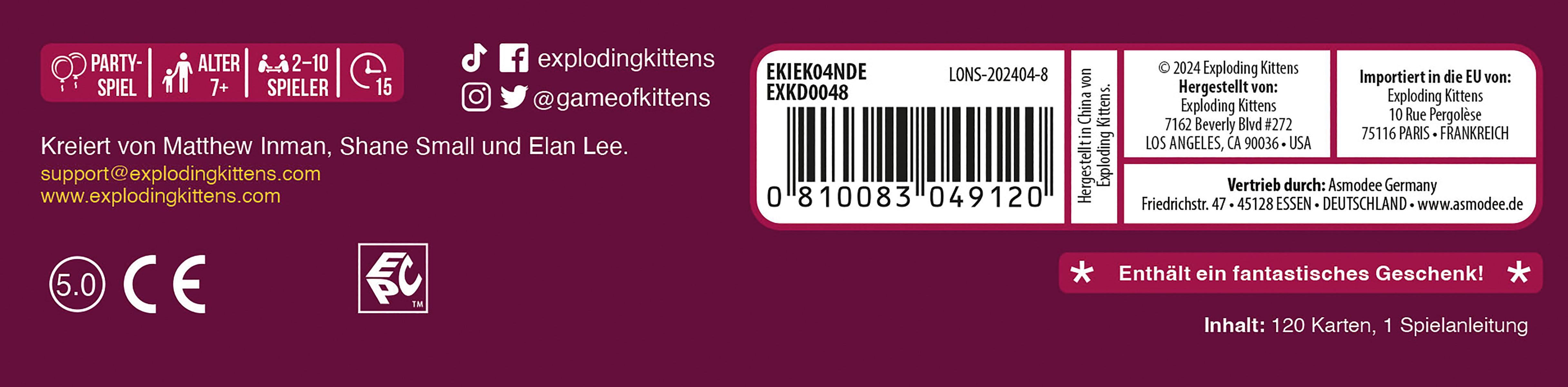 Die Rückseite einer Exploding Kittens Kartenbox mit Spieldetails, einschließlich Logo und Produktinformationen.