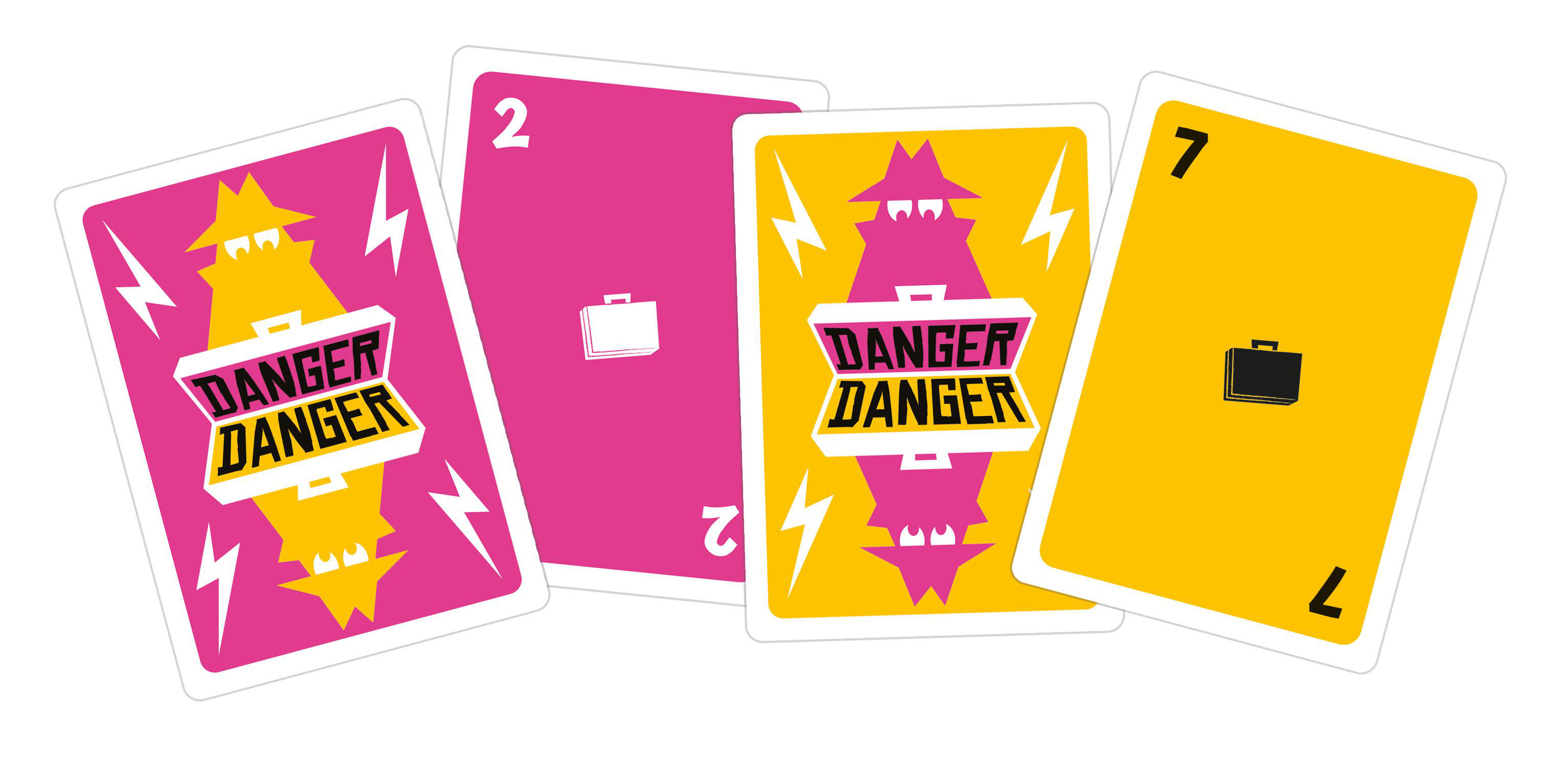 Spielkarten. Vier Karten sind sichtbar. Die Karten zeigen das Wort „DANGER DANGER“.