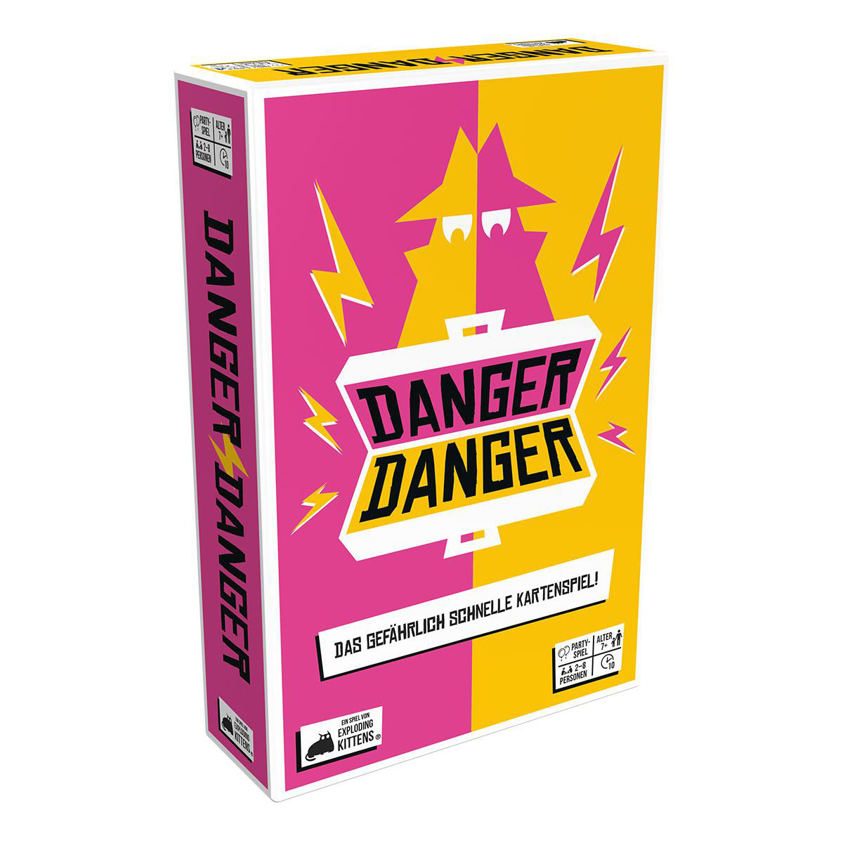Danger Danger Spielbox, rosa und gelb mit Blitz.