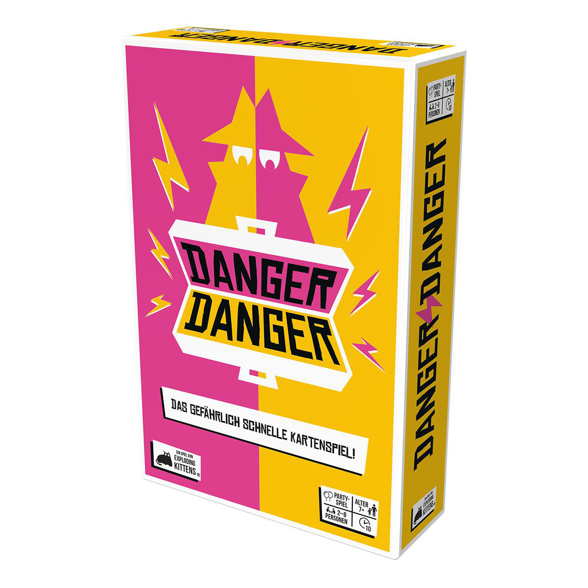 Eine Schachtel des Spiels 'Danger Danger' mit einem rosa-gelben Design mit Blitz.