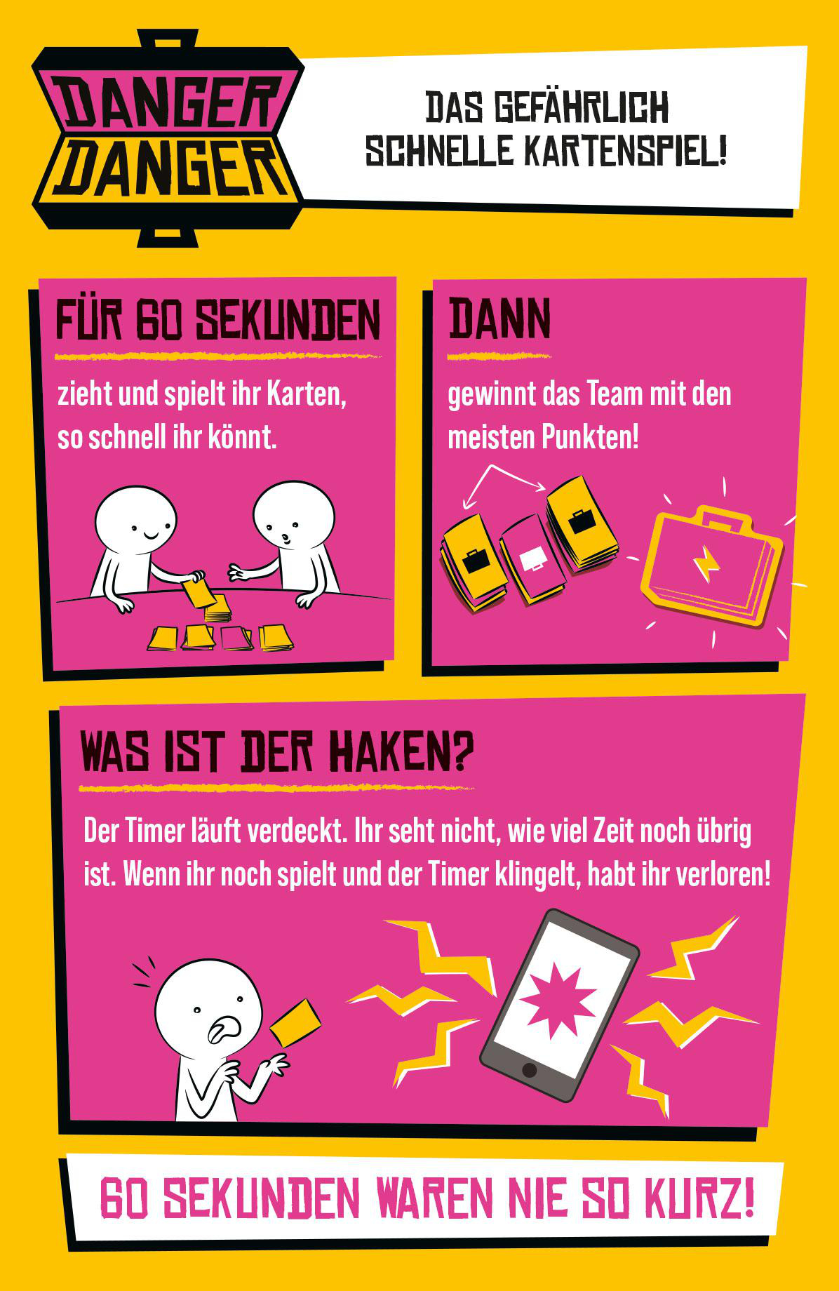 Eine Spielwerbung mit Cartoonfiguren und fettem Text auf gelbem Hintergrund.