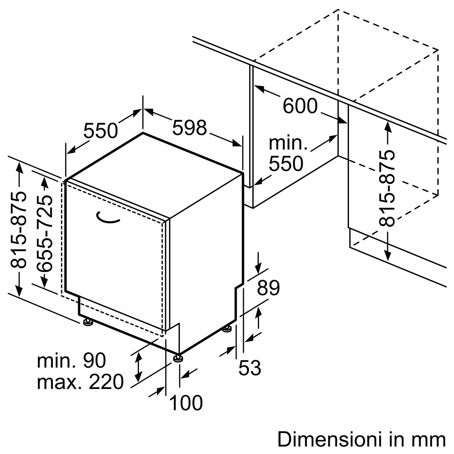 Un disegno tecnico di una lavastoviglie, che mostra misure e dimensioni.