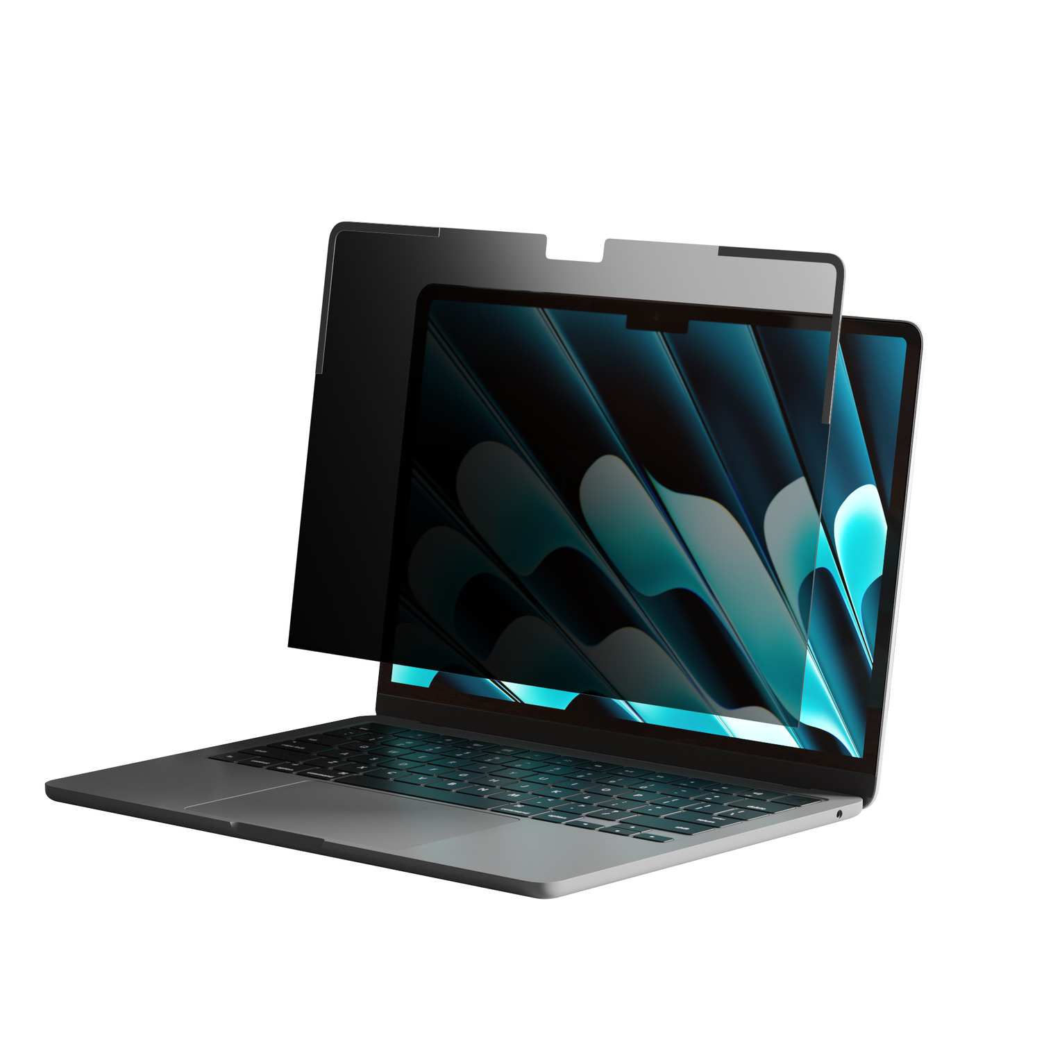 Laptop con protector de privacidad adjunto, mostrando una pantalla azul y negra.