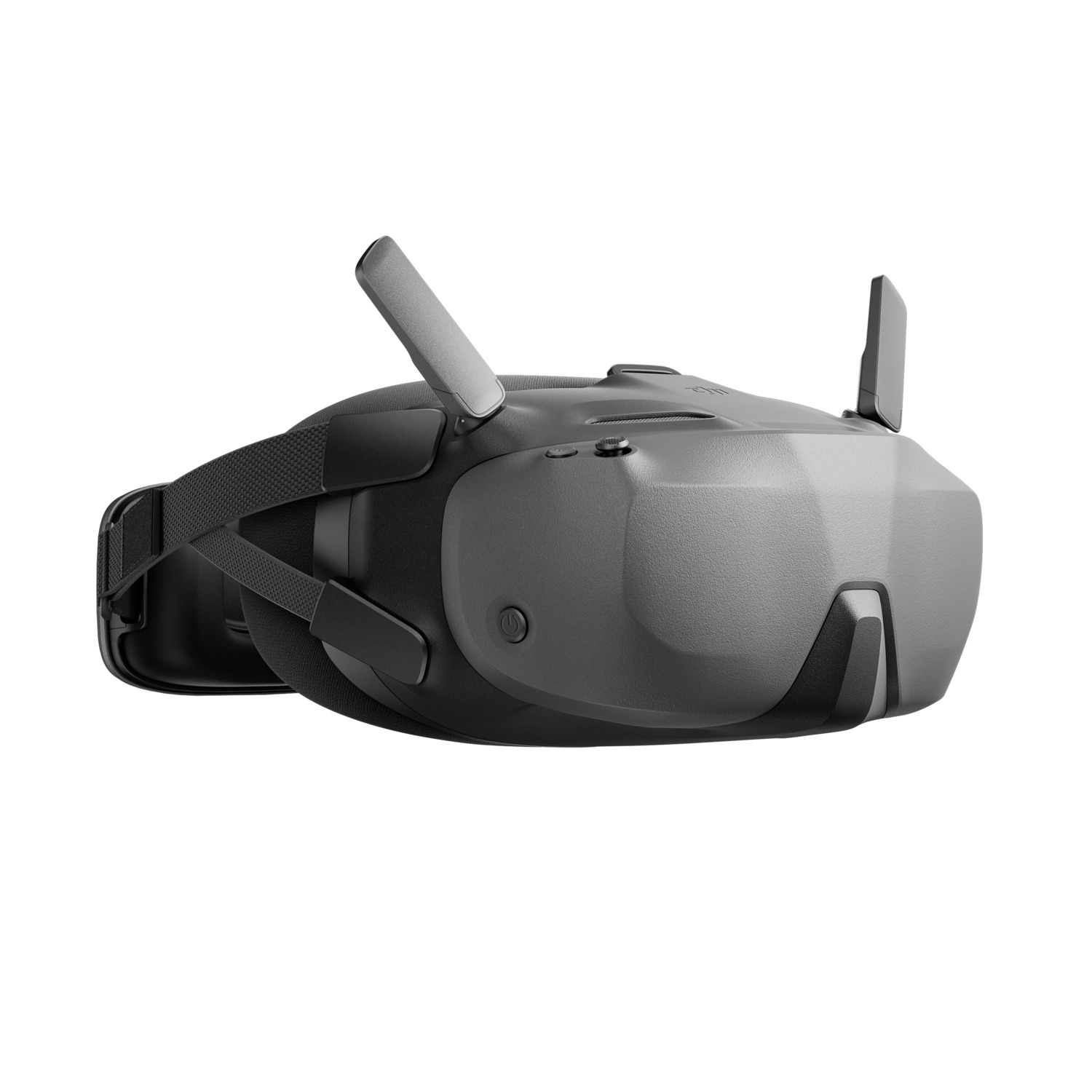 Grey VR headset.  Antennas are on the top.  Buttons are on the front.  Black strap is attached.