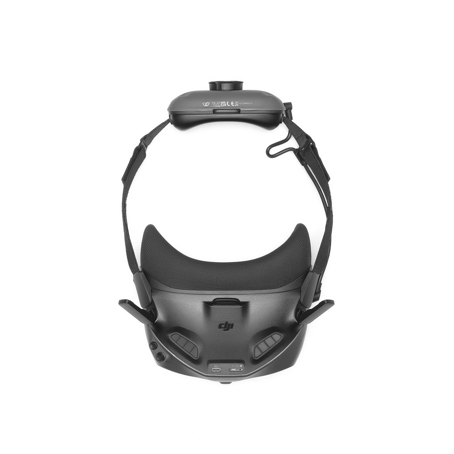 A black VR headset is shown against a white background. It is facing the viewer.
