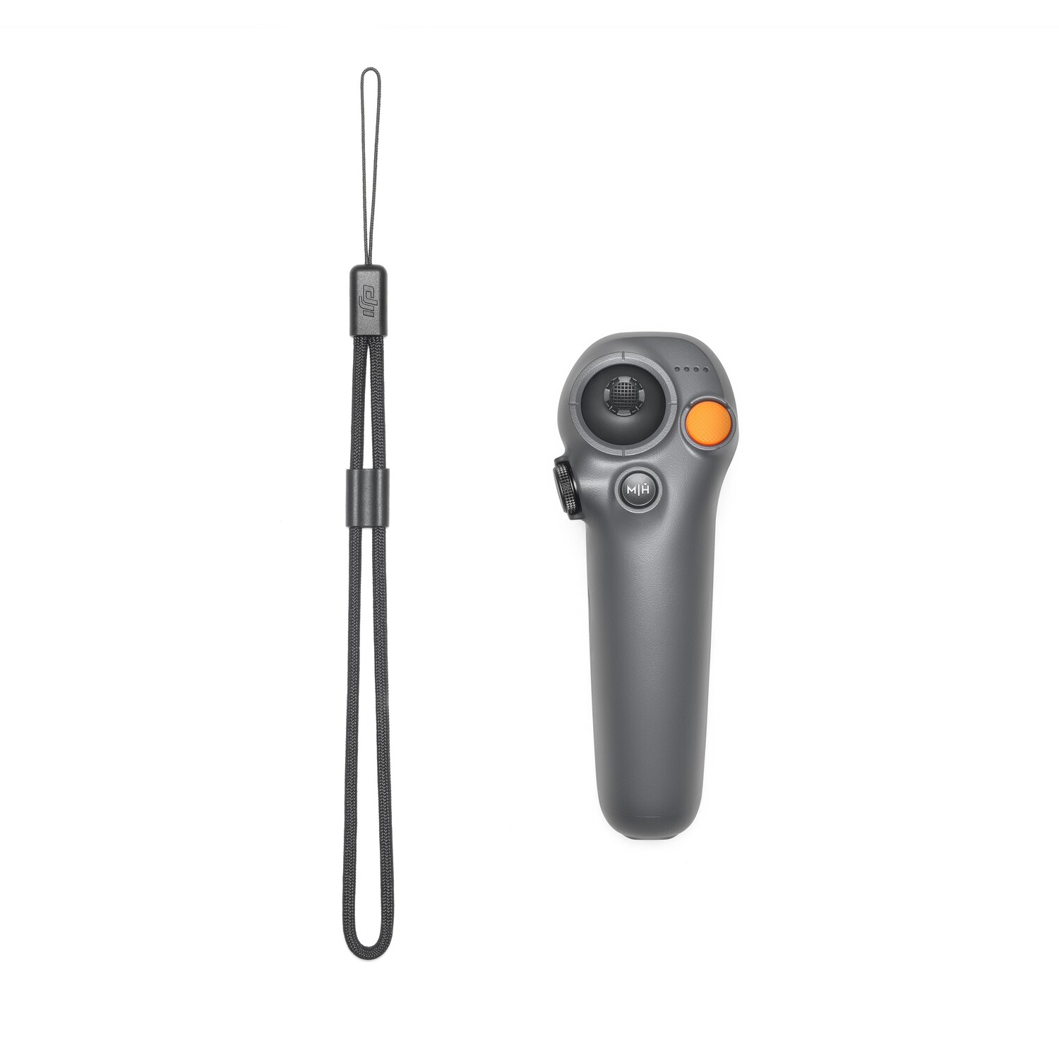 A gray drone remote control with a black wrist strap, on a white surface.