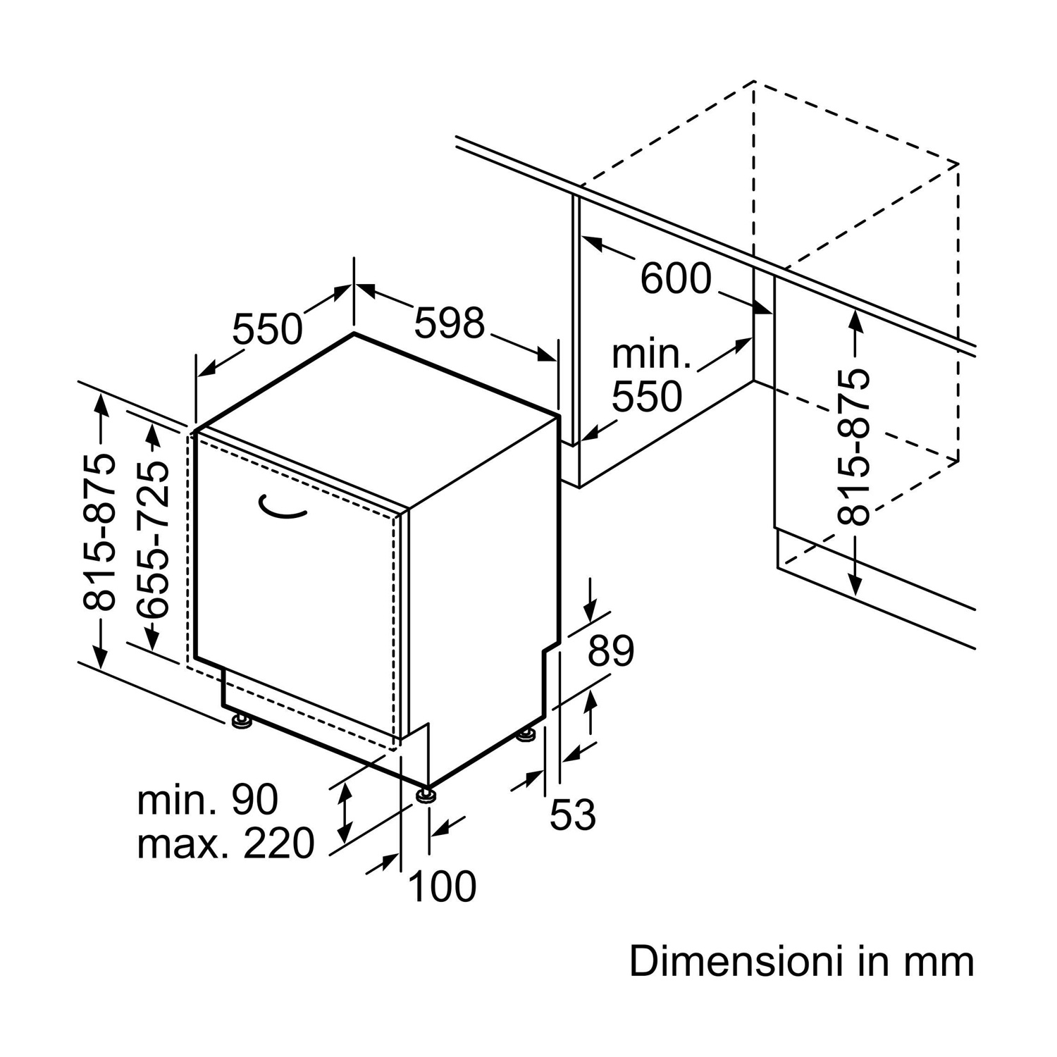 Diagramma della lavastoviglie con dimensioni in mm. Mostra vista dall'alto, laterale e frontale con misure.