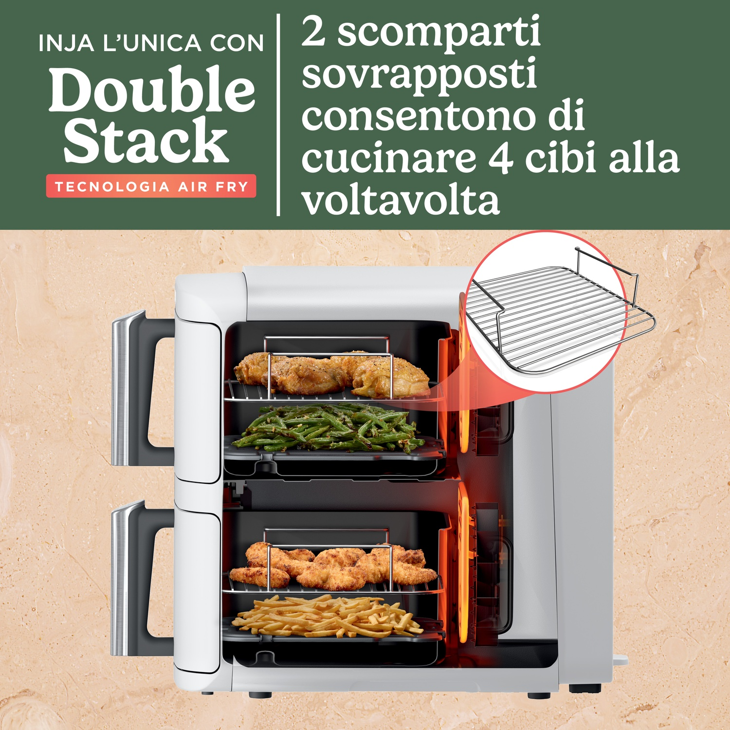 Friggitrice ad aria a doppia pila con cibo. Il display mostra pollo, patatine fritte e fagiolini.