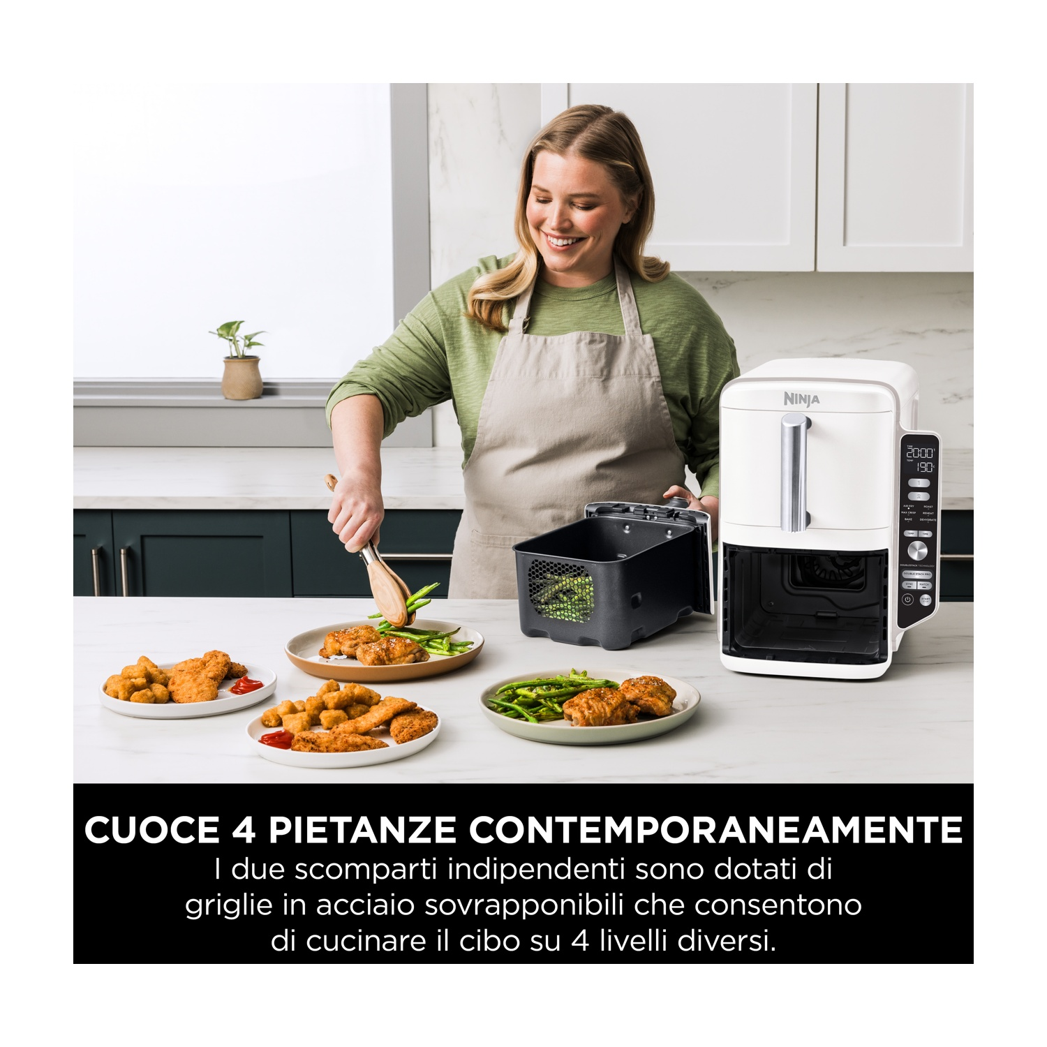 Donna che prepara cibo usando una friggitrice ad aria Ninja, con piatti di cibo e testo.