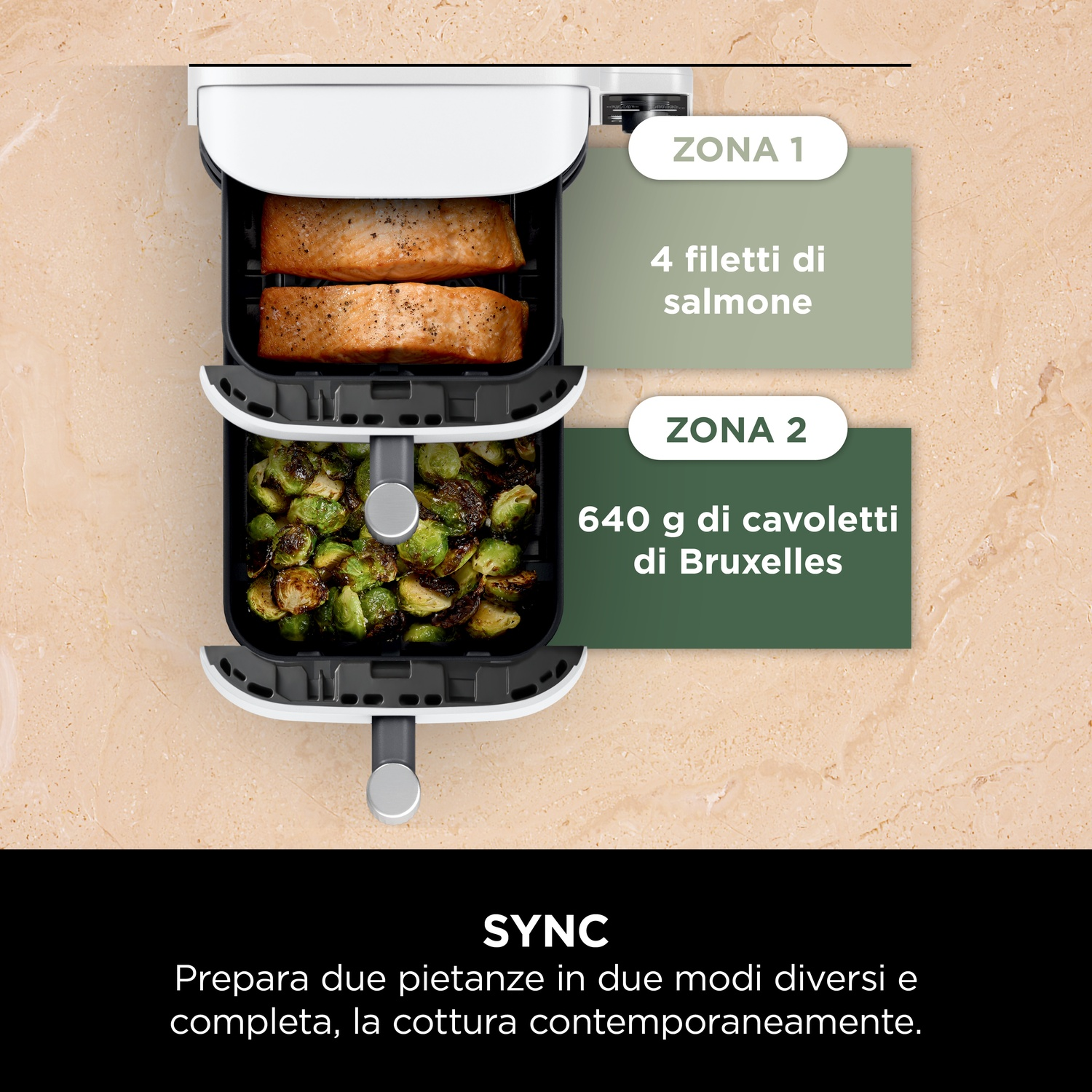 Friggitrice ad aria con filetti di salmone e cavoletti di Bruxelles. Le etichette identificano le zone.