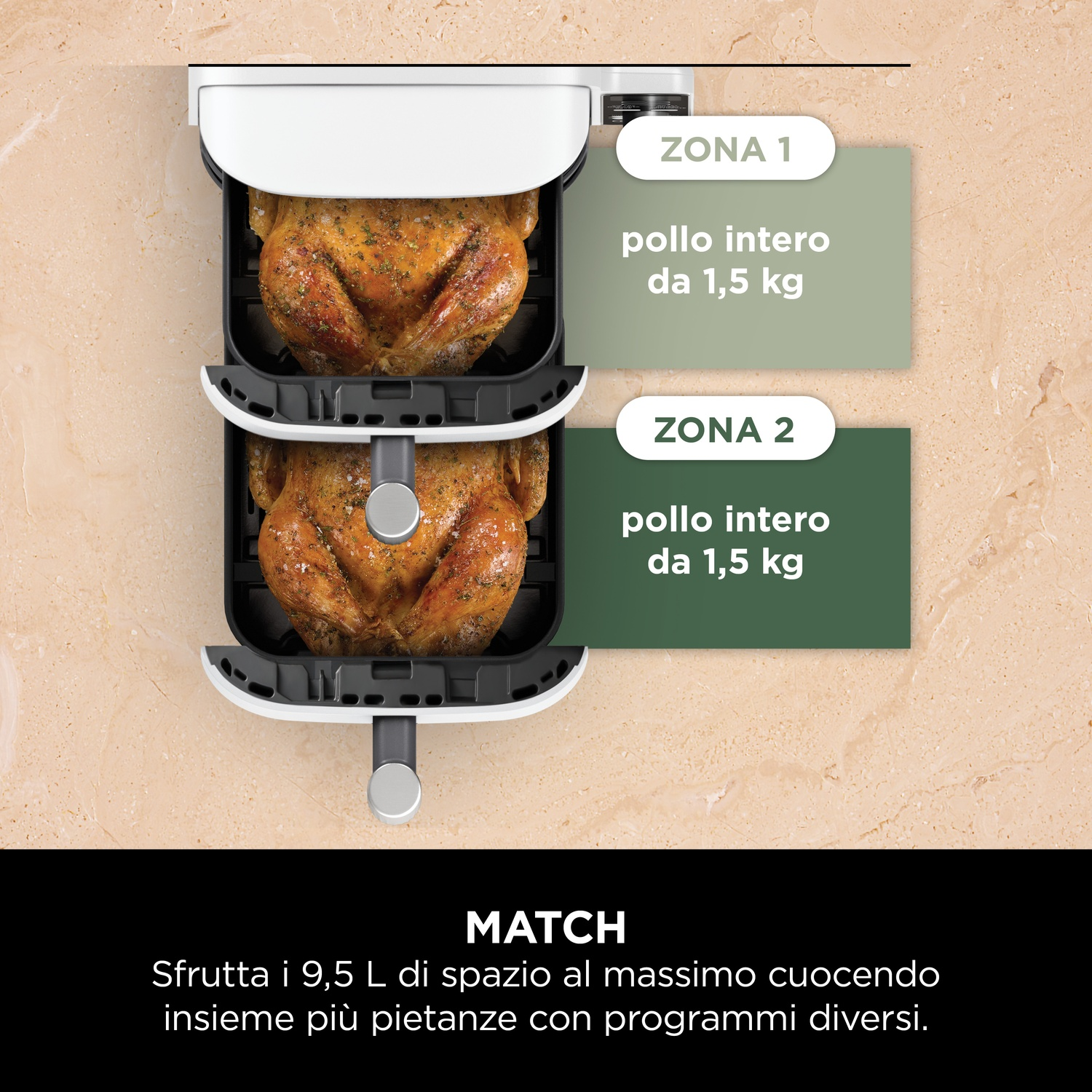 Una friggitrice ad aria con due scomparti, ciascuno con un pollo intero. Etichette di testo in italiano.