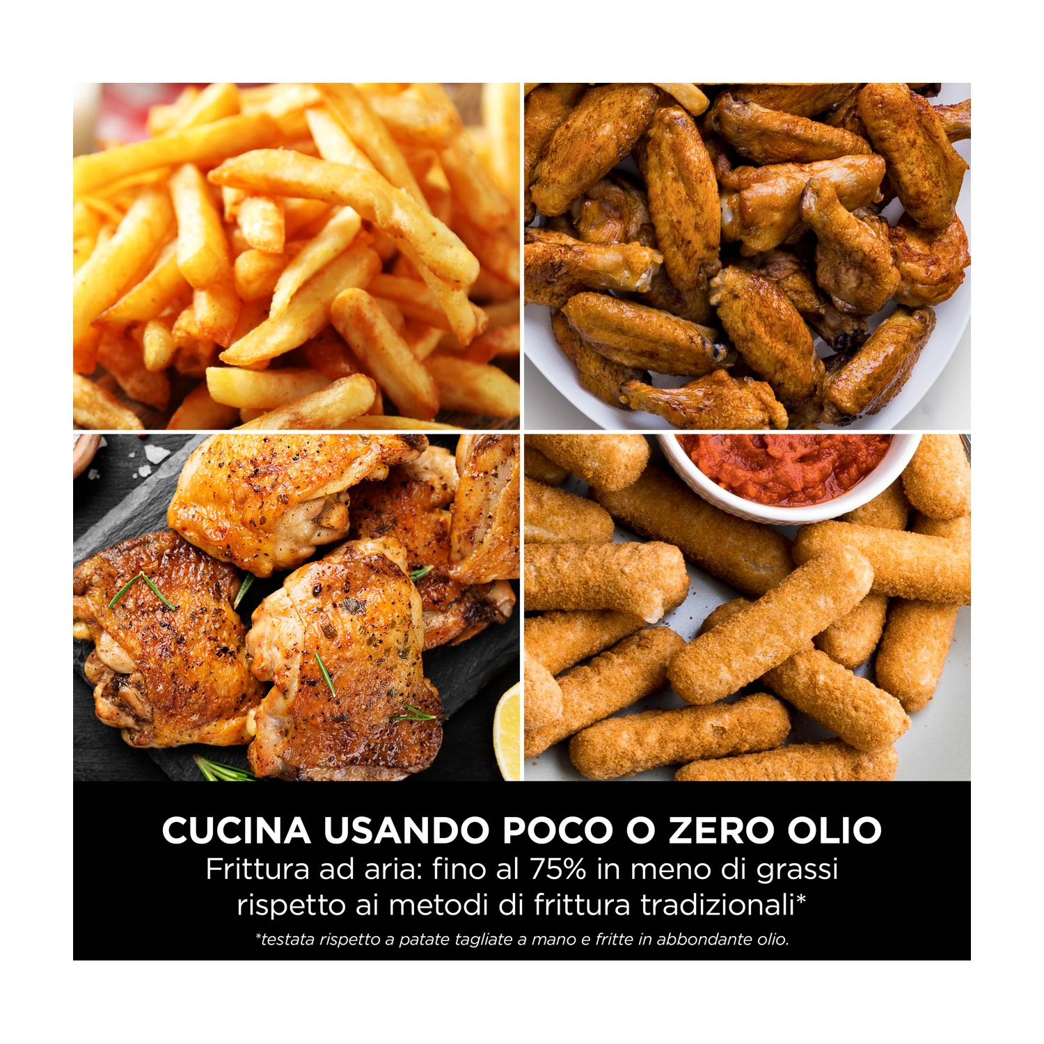 Quattro immagini di cibo: patatine fritte, ali, cosce di pollo e bastoncini di mozzarella. Sfondo scuro.
