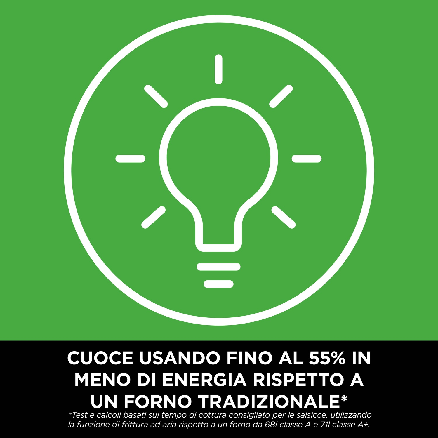 Un'icona a forma di lampadina con sfondo verde. Il testo dice: "Cucina usando meno energia."