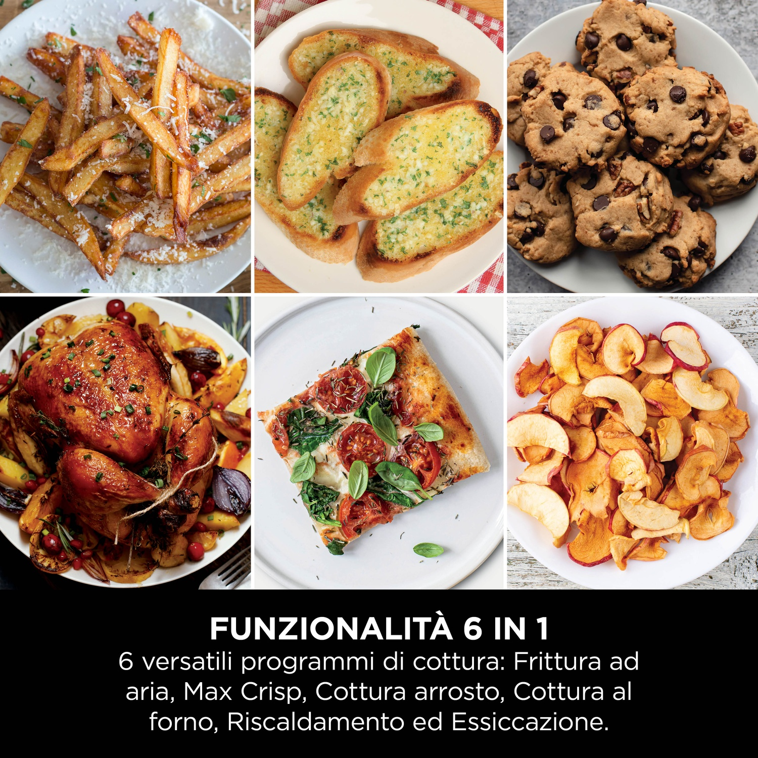 Sei piatti di cibo: patatine fritte, pane all'aglio, biscotti, pollo arrosto, pizza e chips di mela.