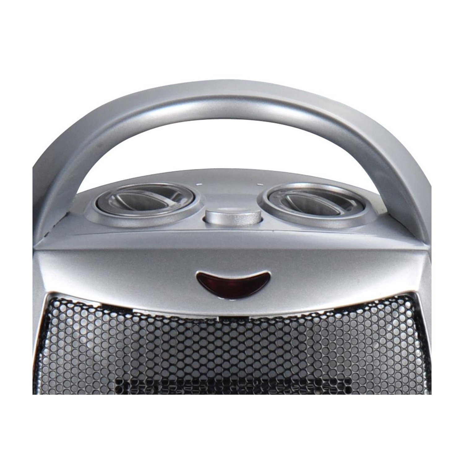 Termoventilatore elettrico, argento, con maniglia e manopole di controllo.
