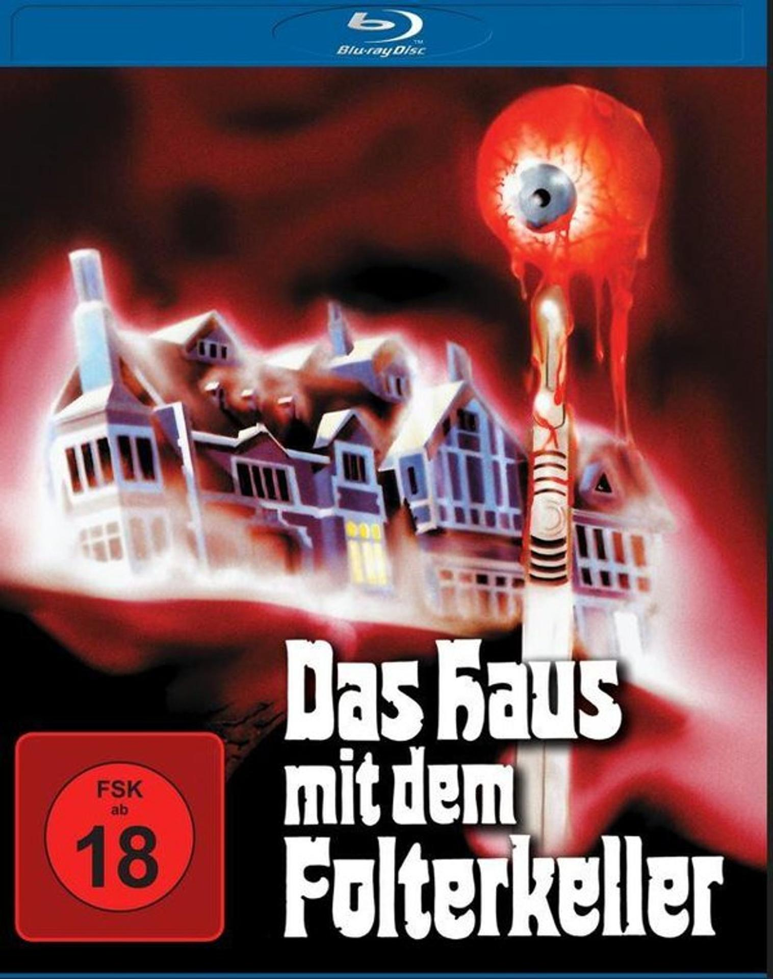 Filmcover: blutiges Auge und Hausillustration. Titel 'Das Haus mit dem Folterkeller' wird gezeigt.