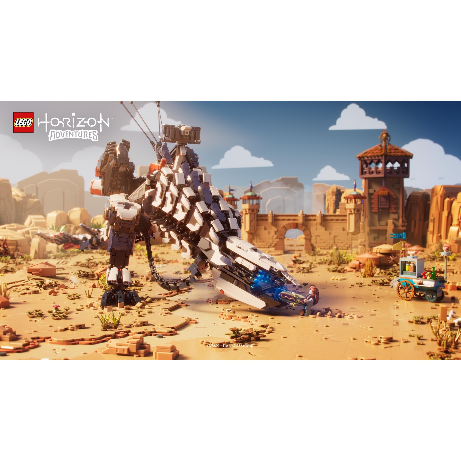 Lego Horizon Adventures scène. Een robotdinosaurus loopt door een woestijn. Een kar en gebouwen op de achtergrond.