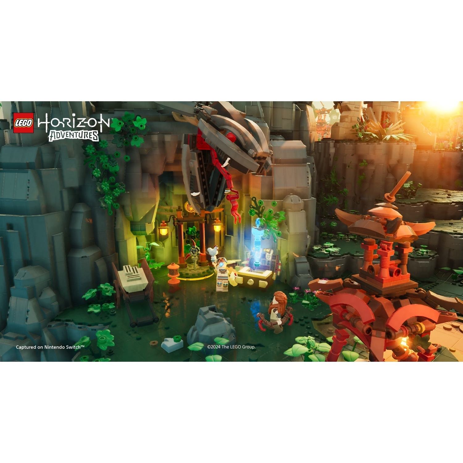 Lego Horizon Adventures scene. Personages in een omgeving met rotsformaties en structuren.