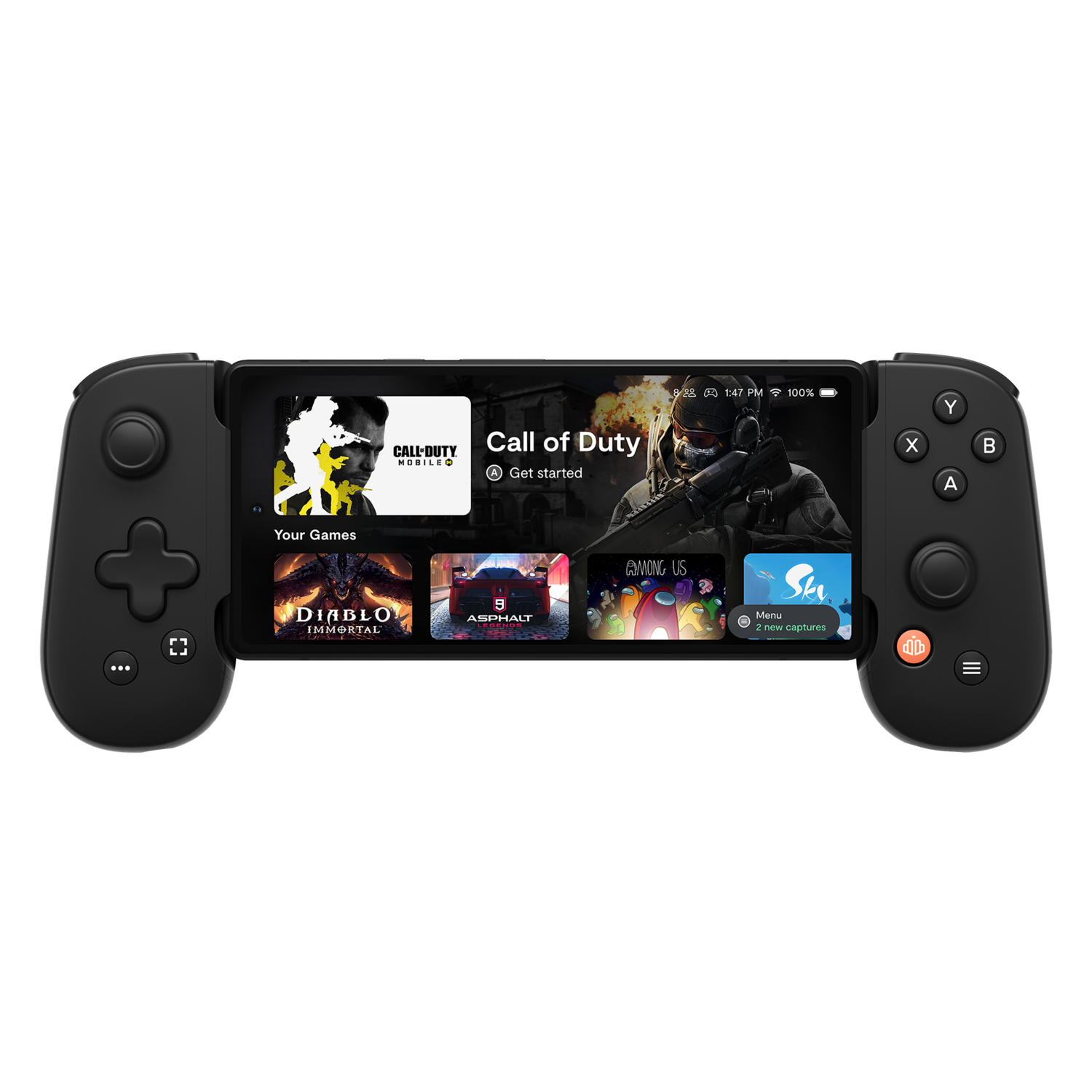 Manette de jeu noire avec un téléphone affichant Call of Duty, Diablo Immortal et Among Us.