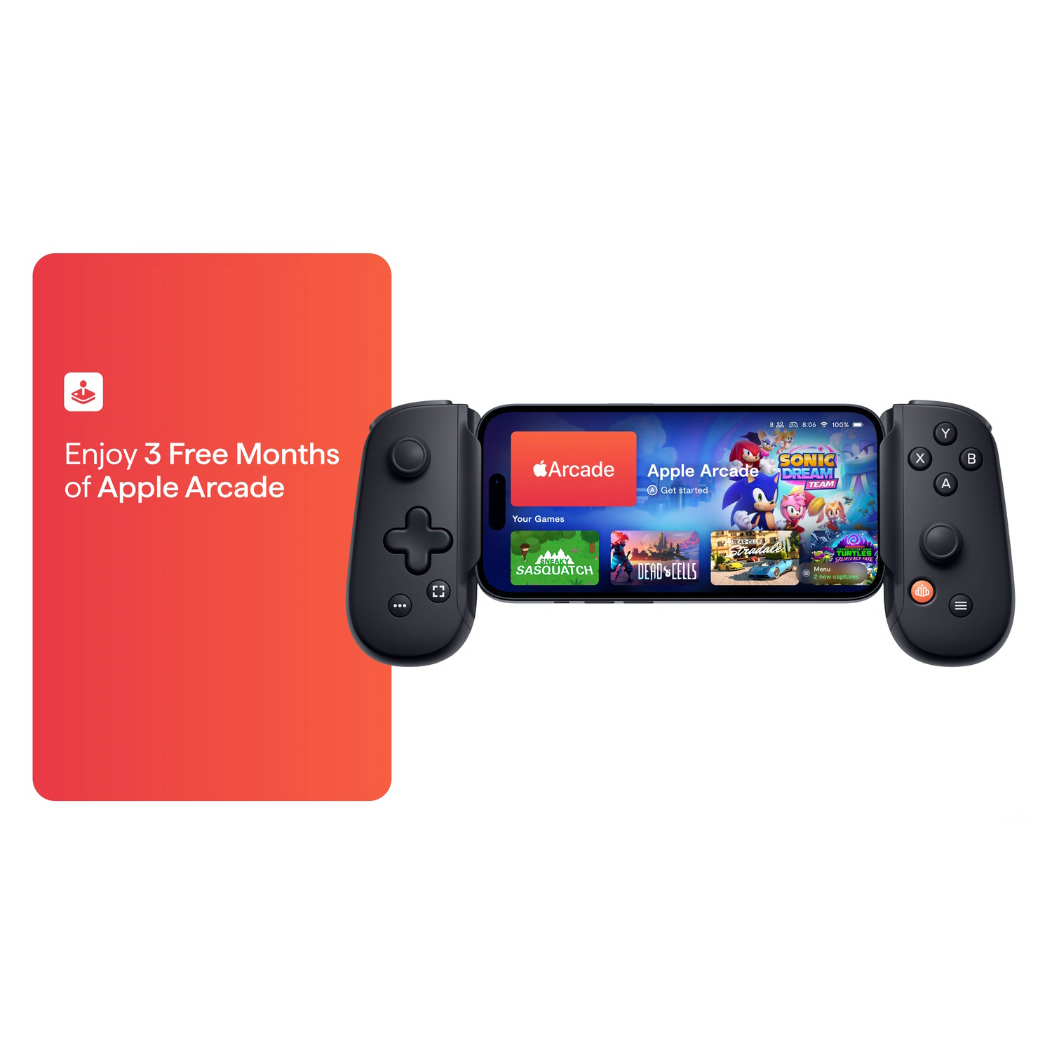 Un smartphone avec une manette de jeu attachée. Une carte rouge dit, Profitez de 3 mois gratuits d'Apple Arcade.