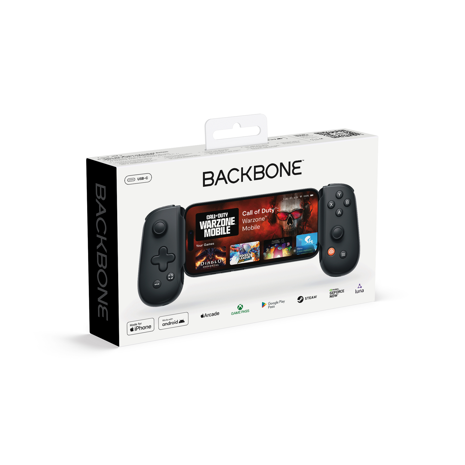 Boîte de manette Backbone. Montre un téléphone avec une manette connectée. La boîte est en noir et blanc.