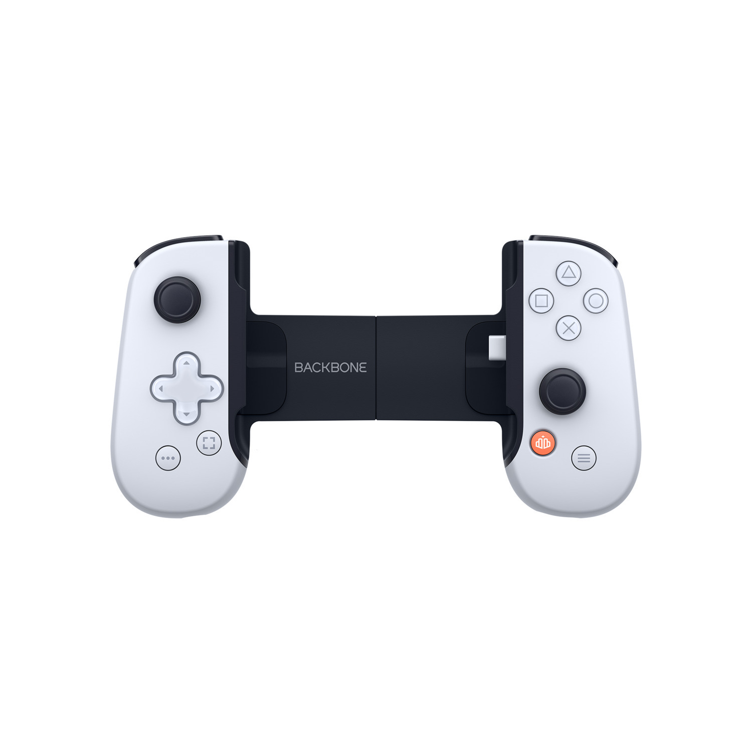 White and black Backbone controller. Has buttons and a black connector.