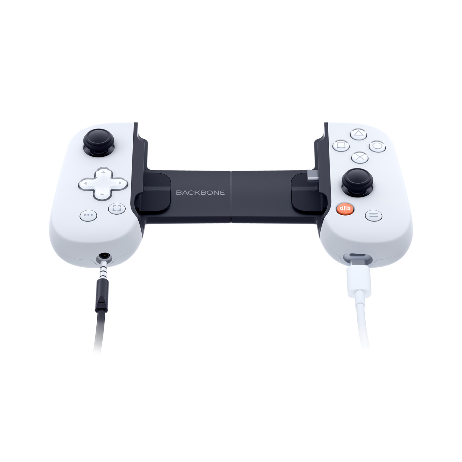 White and black Backbone controller for smartphones. White background.