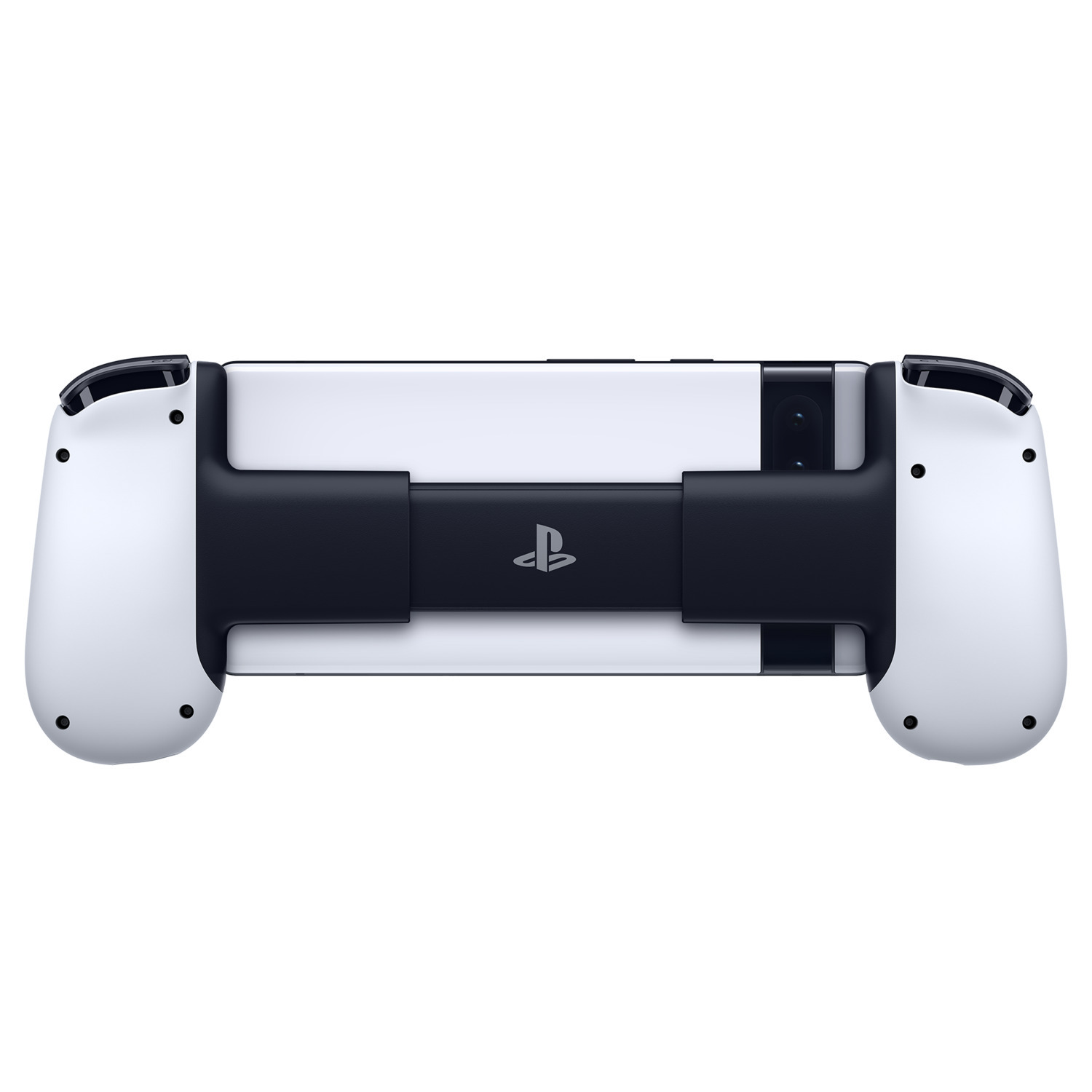 White and black game controller with two grips. PlayStation logo is on the front.