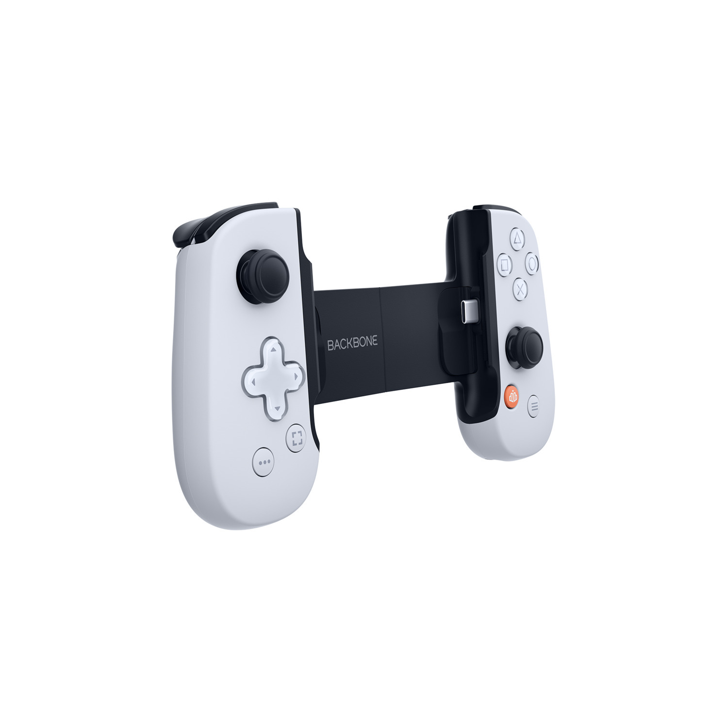 A white and black Backbone controller with a phone attached.