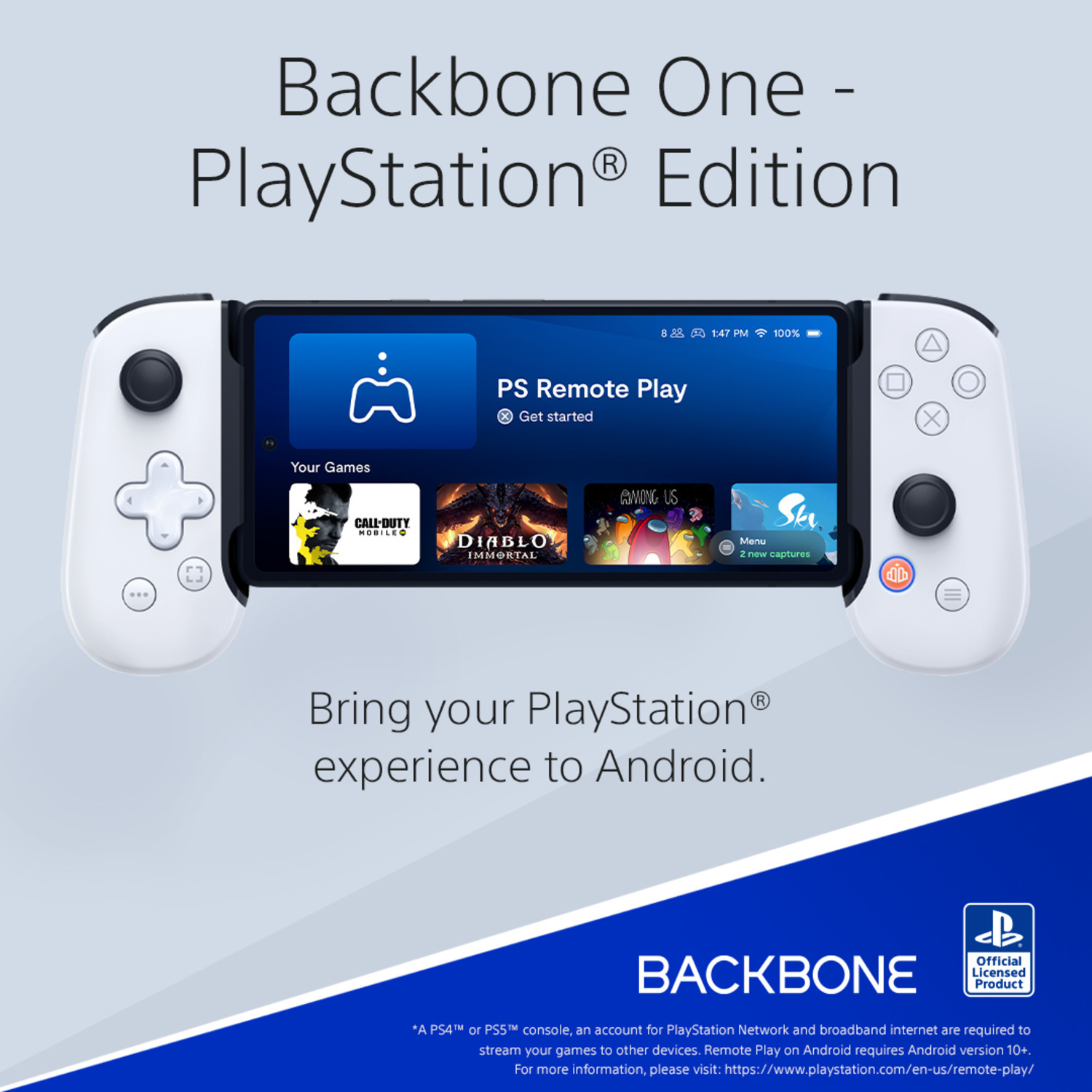 Backbone One controller with phone. PlayStation-themed, with game screenshots. White controller with buttons.