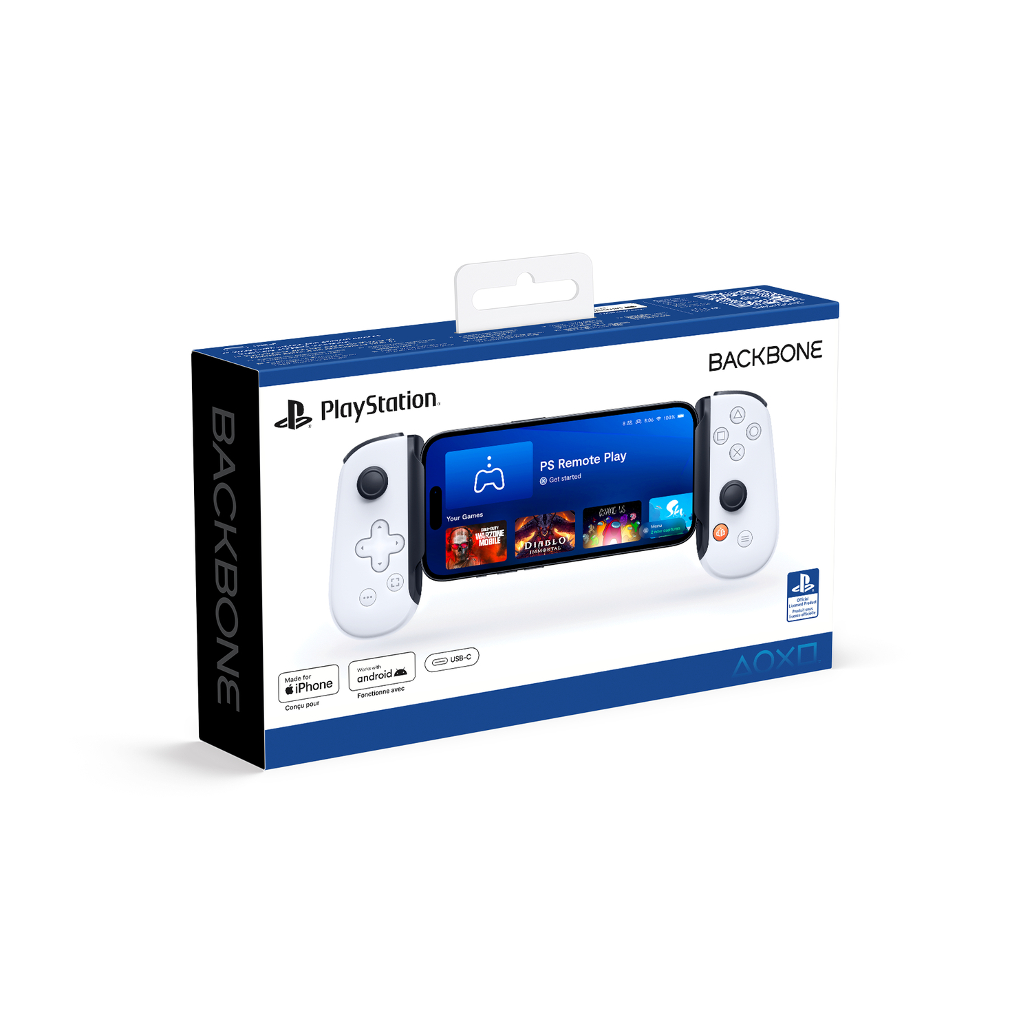 Backbone PlayStation controller box, white controller with phone holder, with PlayStation logo.