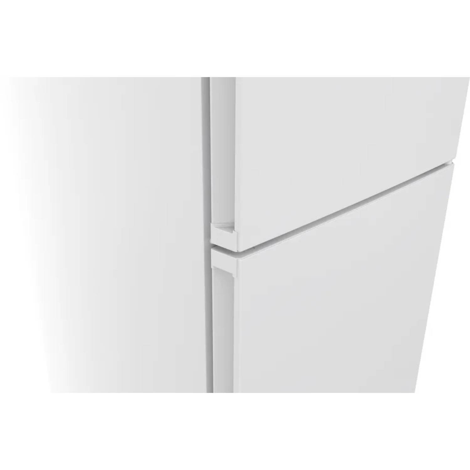 Close-up of a white refrigerator. Shows the side and top part of the door.