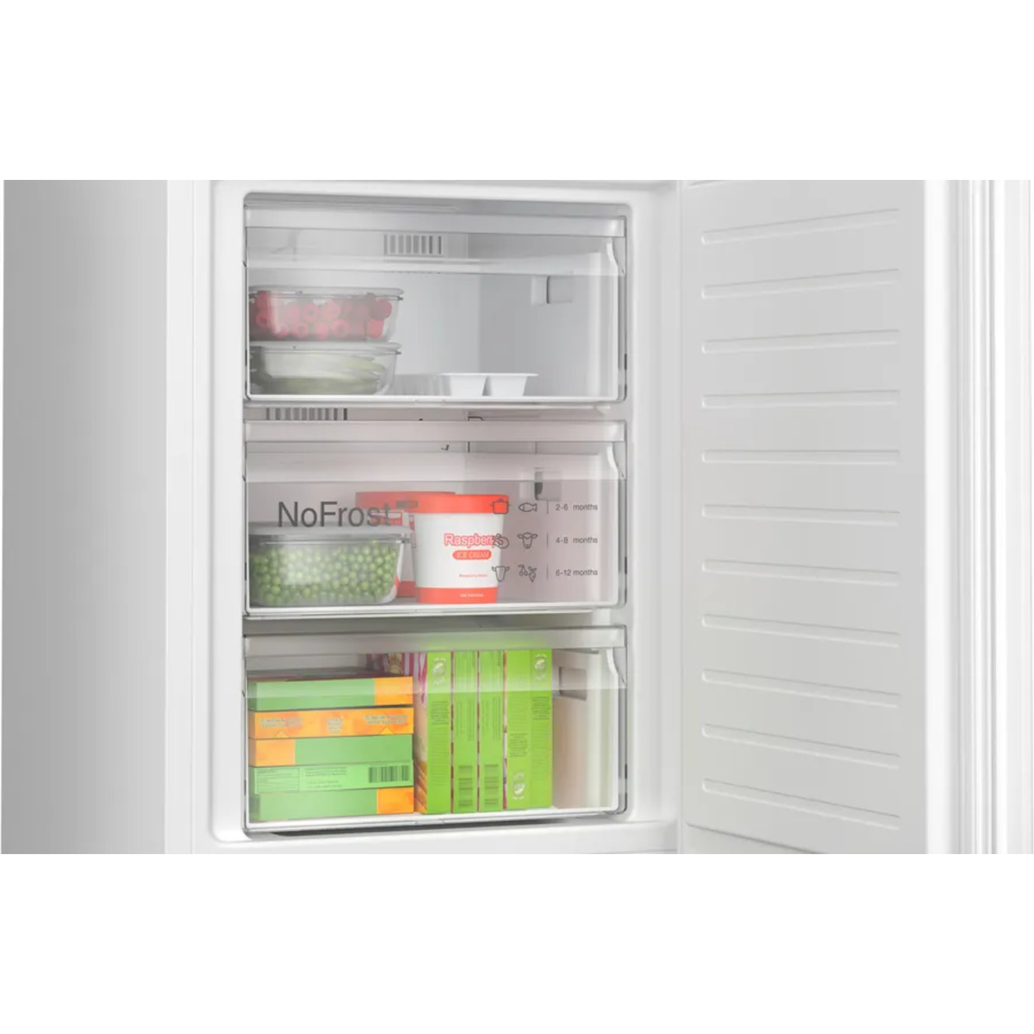 Open refrigerator with drawers of frozen food. Inside are peas, ice cream, and vegetables.