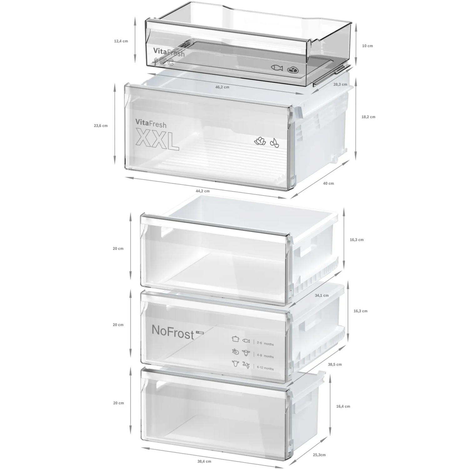 Diagram showing refrigerator drawers, with dimensions. Features include VitaFresh XXL and NoFrost technology.
