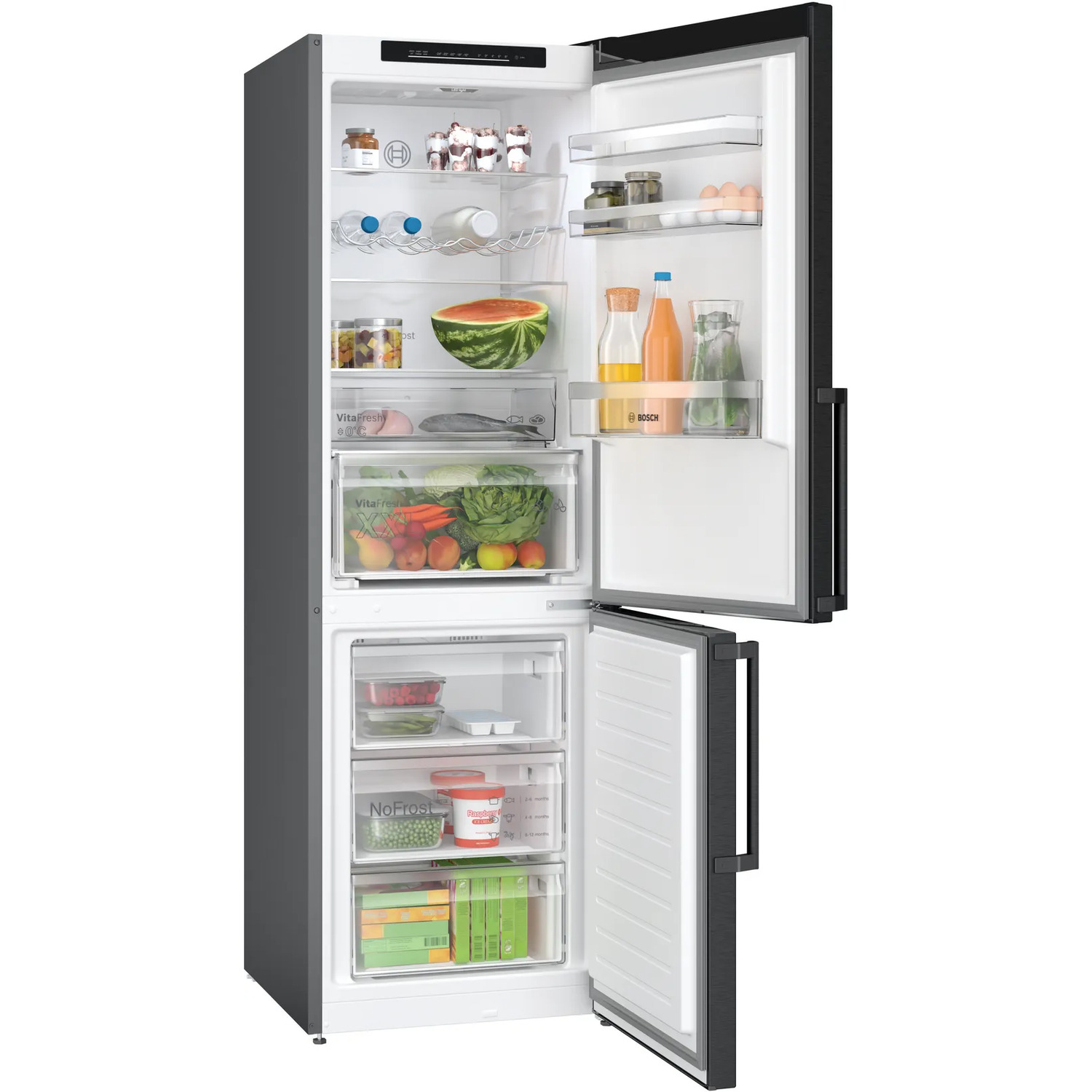 Réfrigérateur ouvert rempli d'aliments, de fruits et de légumes.