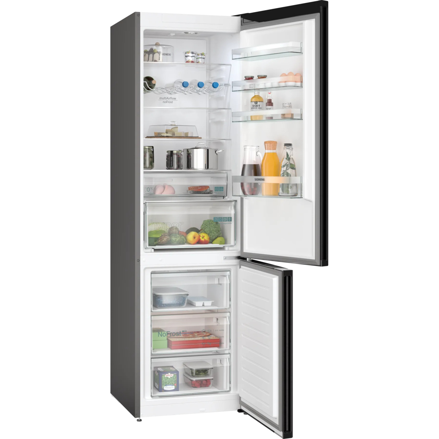 Refrigerator interior with food items on shelves and in drawers, open door view.