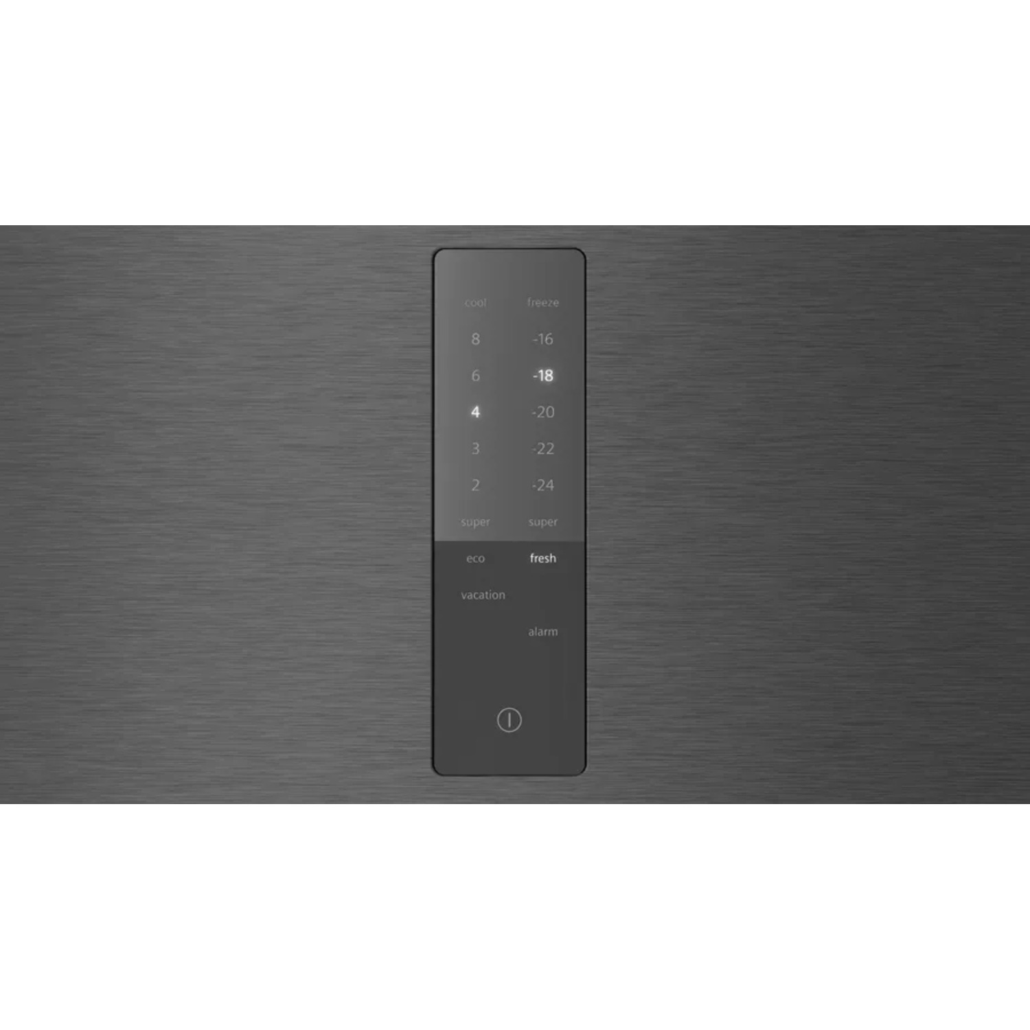 Refrigerator control panel. Dark gray panel with buttons and temperature display.