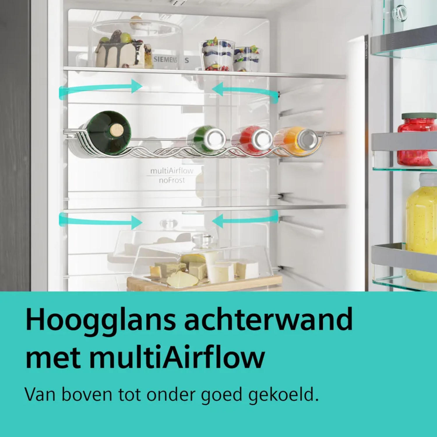 Refrigerator interior showing glass shelves with bottles and jars, and blue arrows.