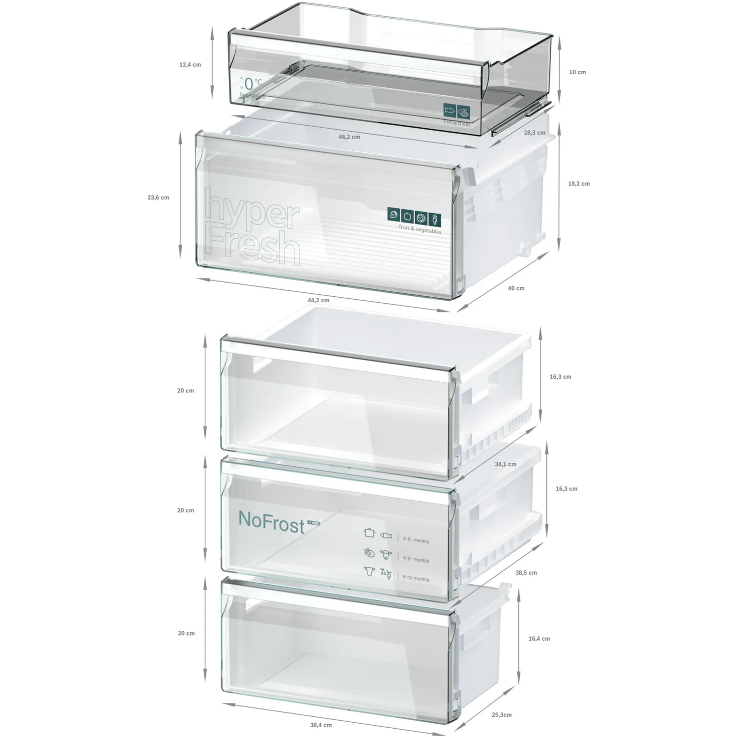 Refrigerator drawers, labeled for vegetables, with dimensions displayed.