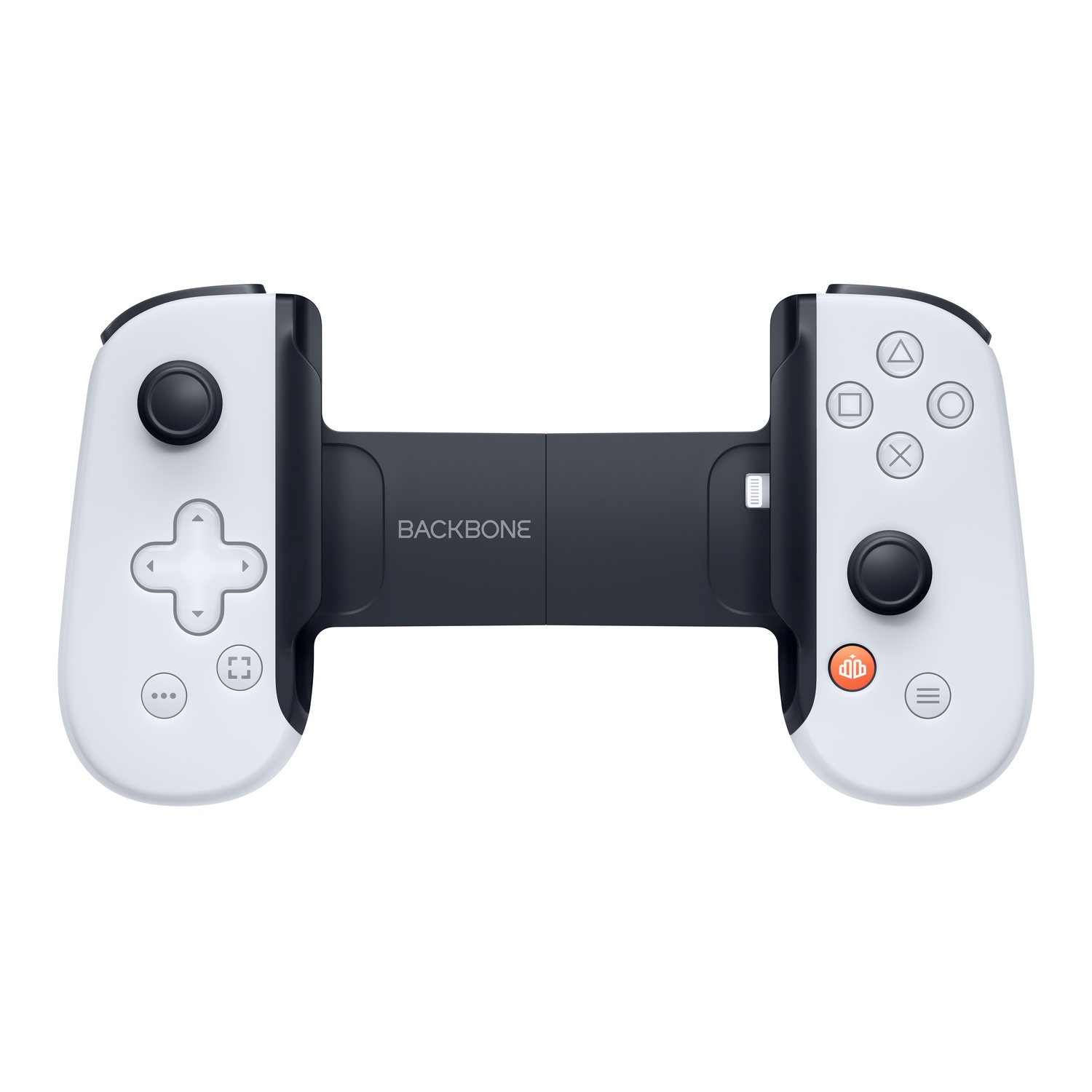 Black and white Backbone brand controller for iPhone. Buttons and directional pad visible.