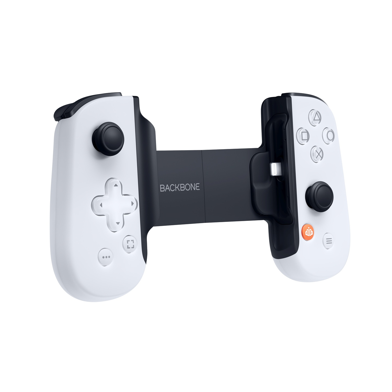 A white Backbone controller for a mobile phone. It has buttons and a phone connector in the middle.
