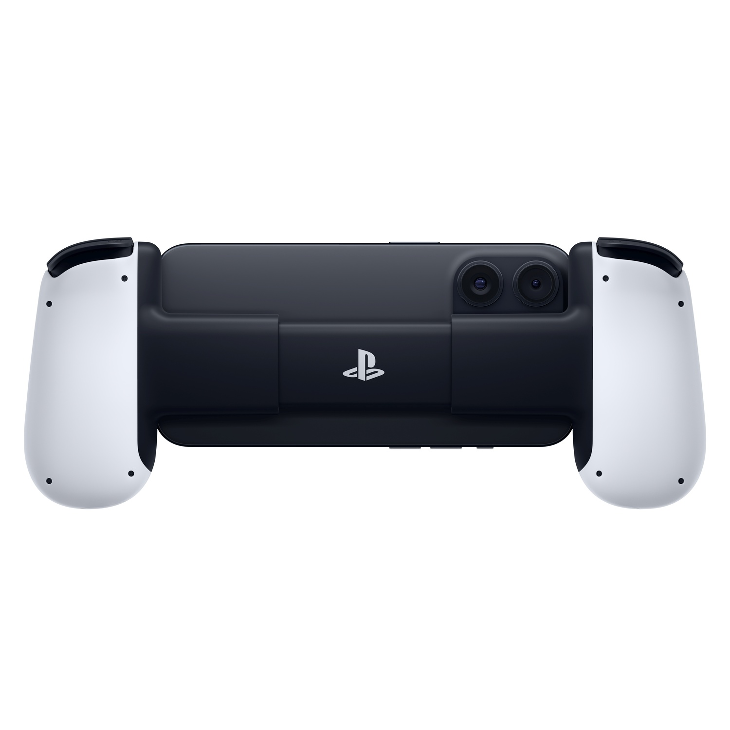 Back view of a white and black game controller.
