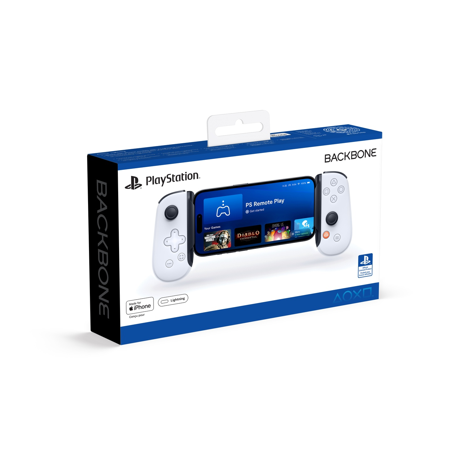A white and black Backbone PlayStation controller with a phone attached, in a box with the PlayStation logo.