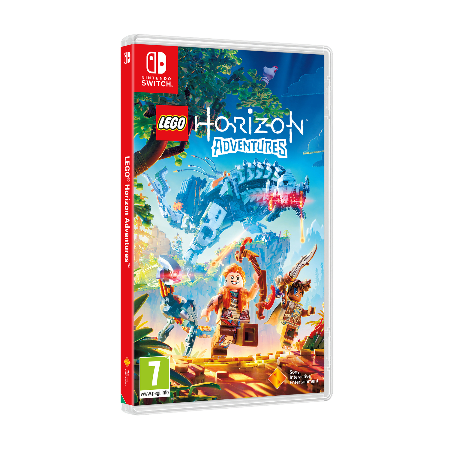 Lego Horizon Adventures game case. Kleurrijke game-art met Lego-personages, witte achtergrond.